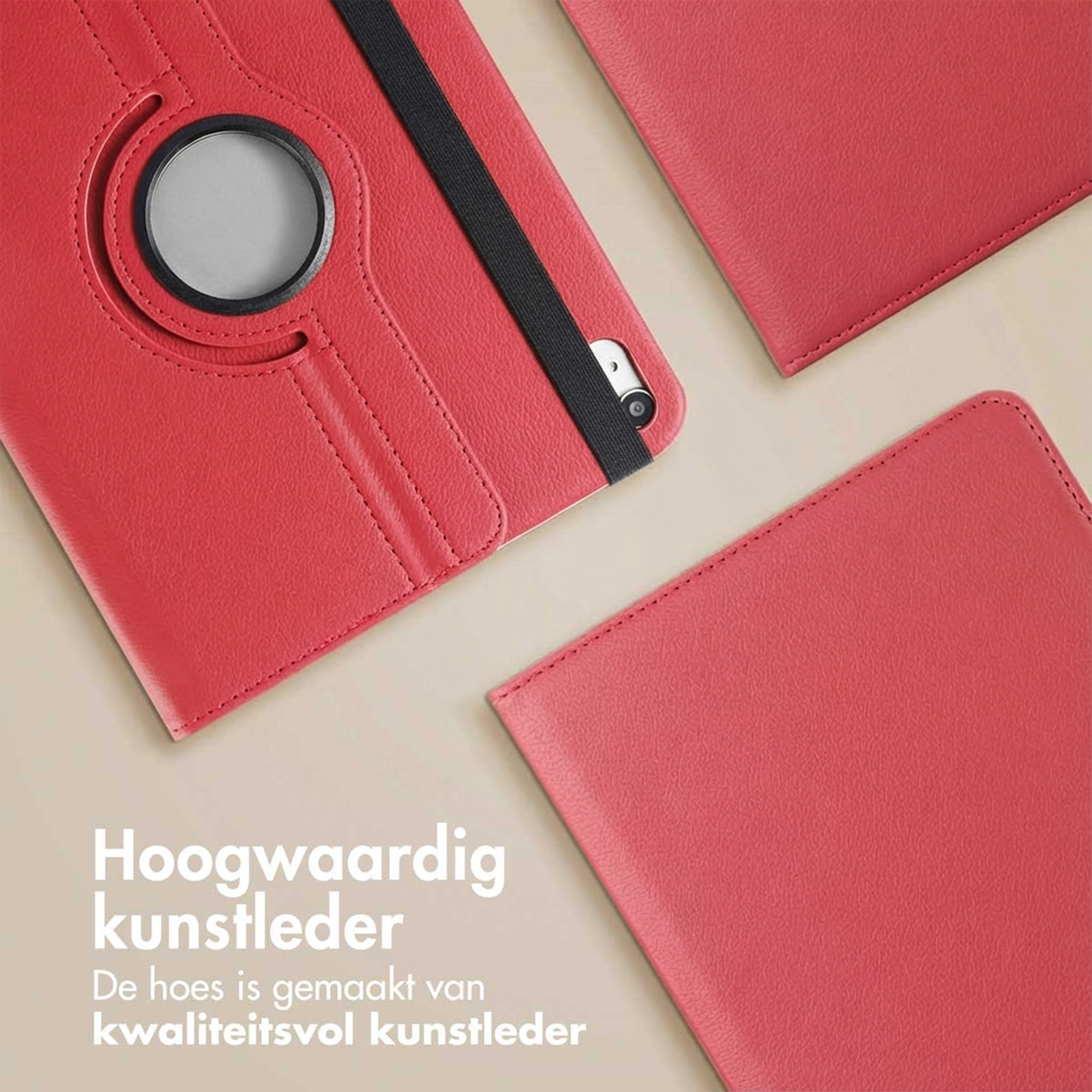 Red faux leather tablet case with rotating feature and black elastic strap.