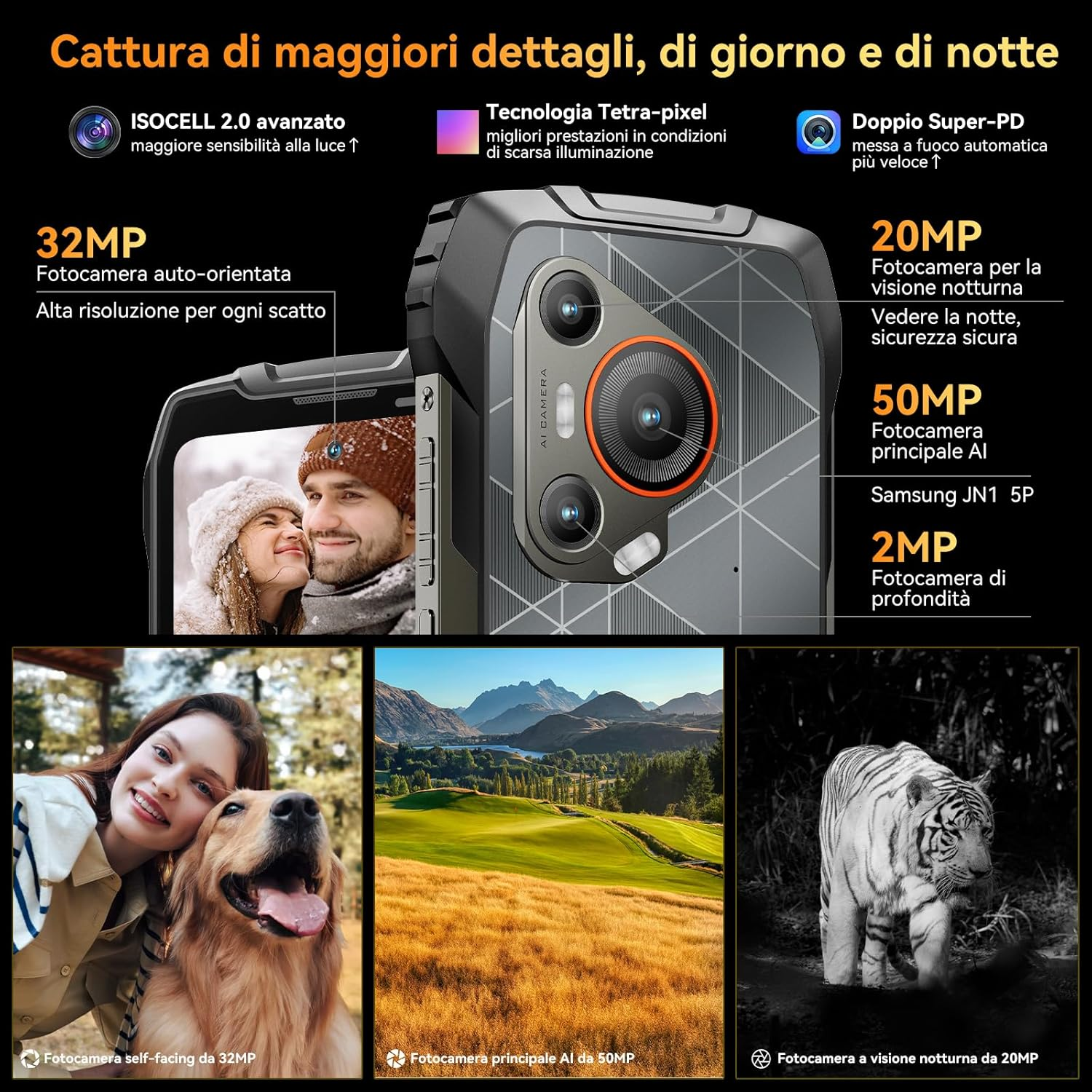 Un uomo e una donna in abiti invernali sorridono. Primo piano di un cane golden retriever e una giovane donna.