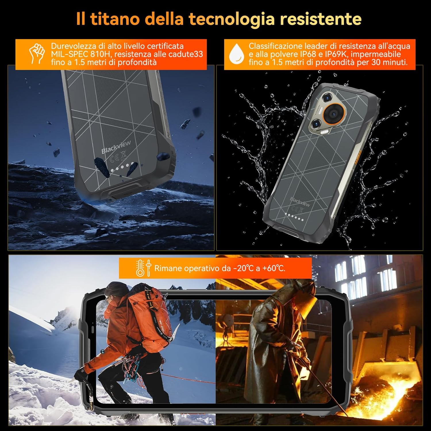 Telefono robusto: resistente a cadute, acqua/polvere, opera da -20°C a +60°C.