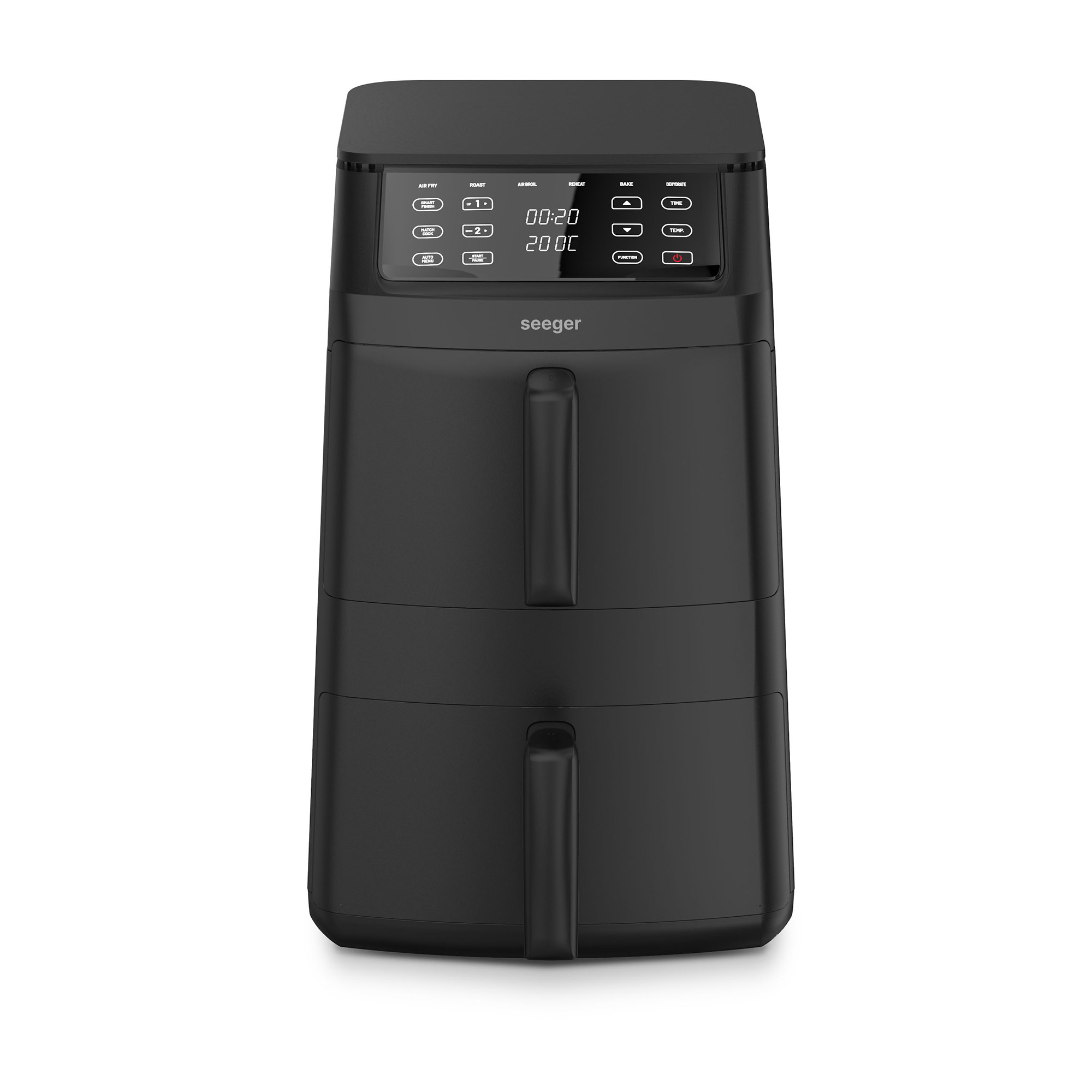 Black Seeger air fryer with digital display and control buttons.