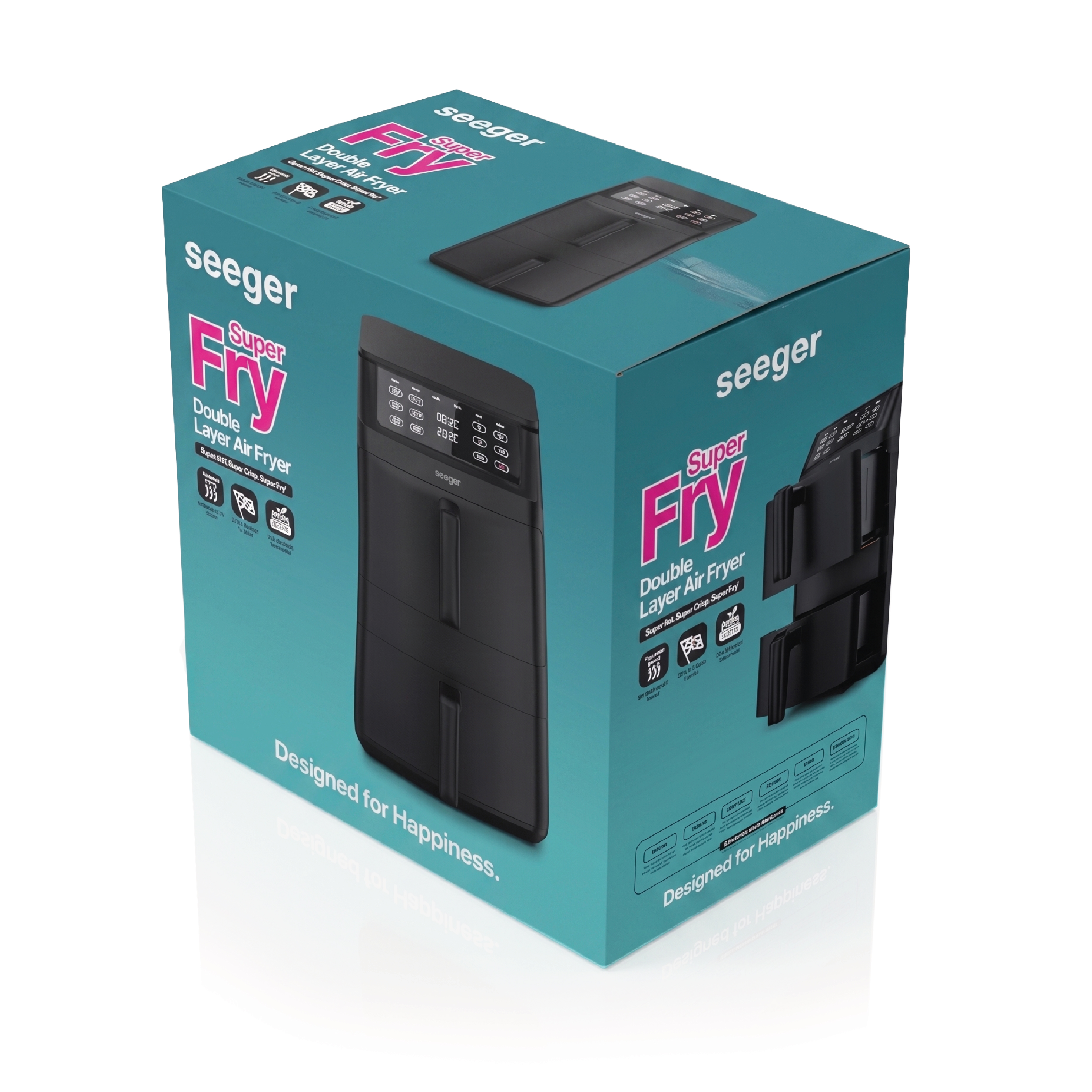 Packaging of a black double layer air fryer with blue details.