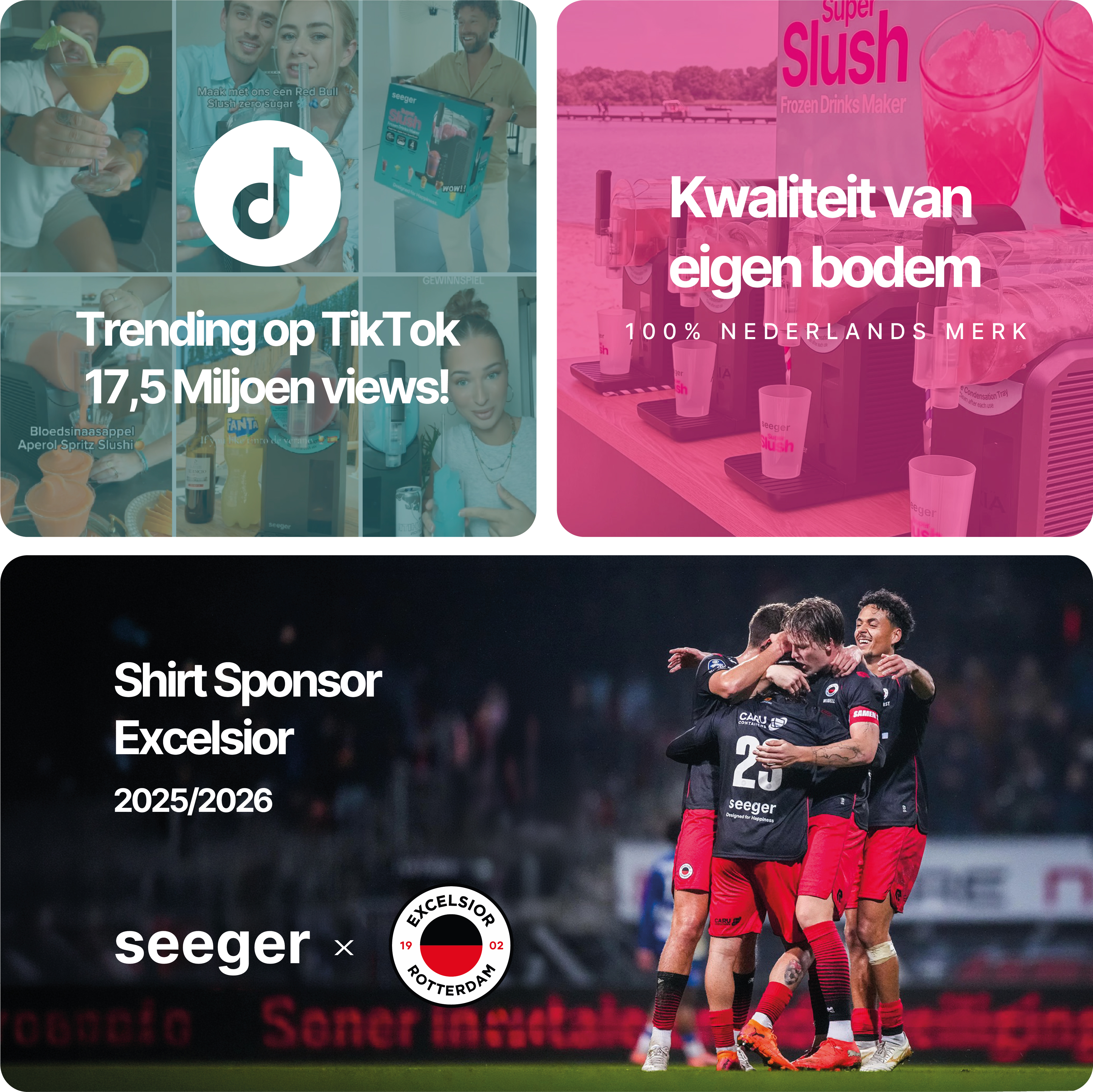 Collage featuring a drink maker and footballers in uniform.