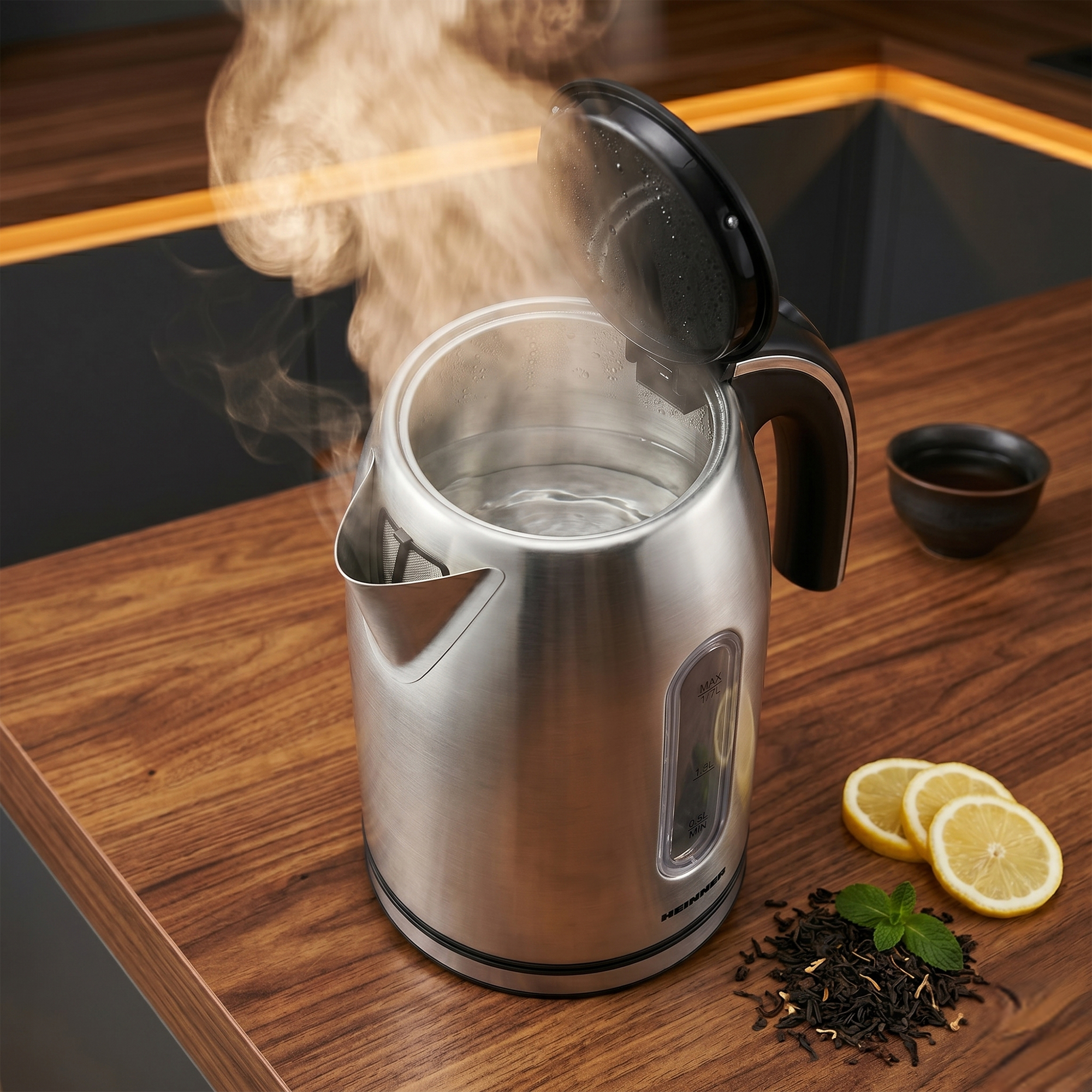 Une bouilloire argentée fait bouillir de l'eau sur une table en bois à côté de thé, menthe et tranches de citron.