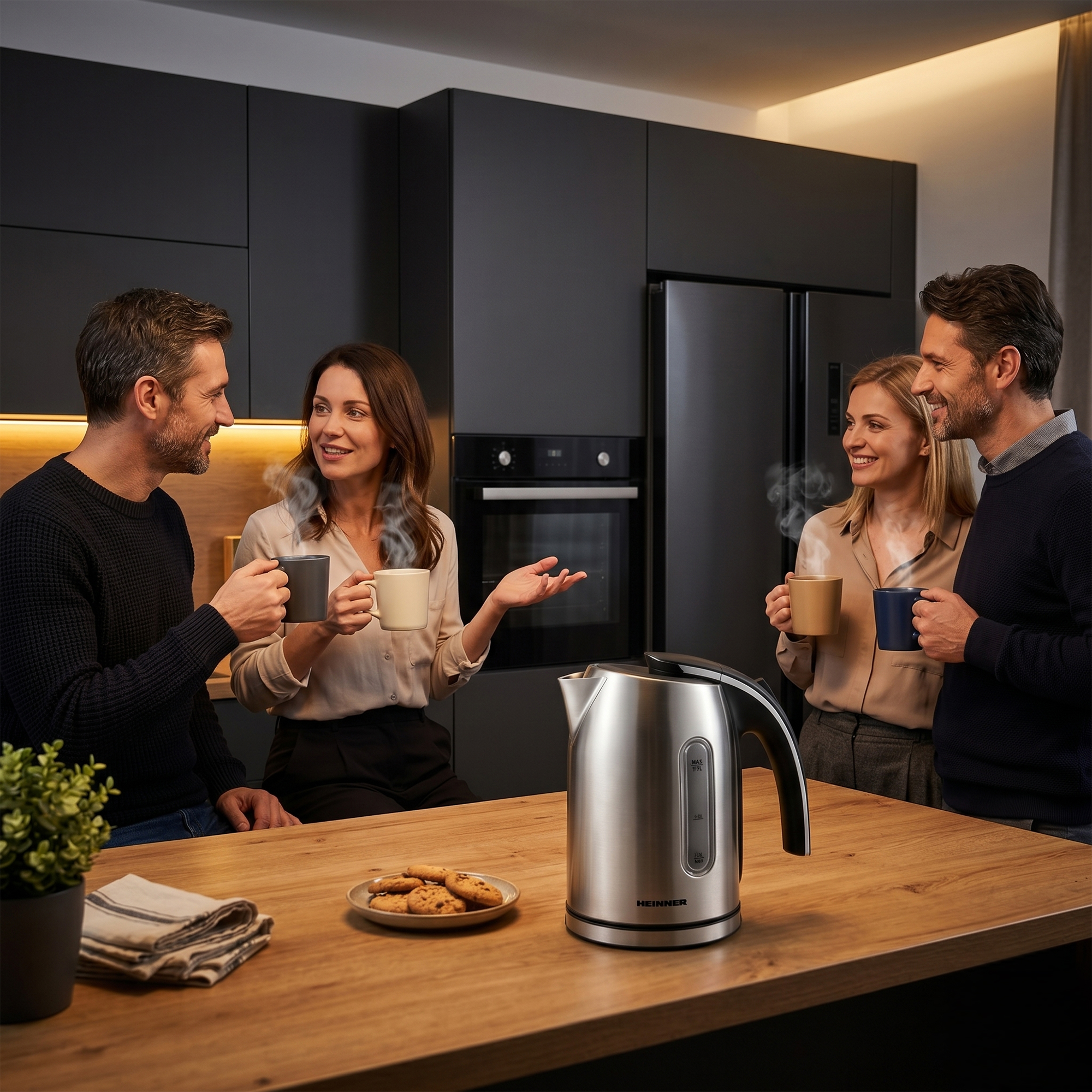 Quatre personnes boivent du café dans une cuisine moderne avec une bouilloire.