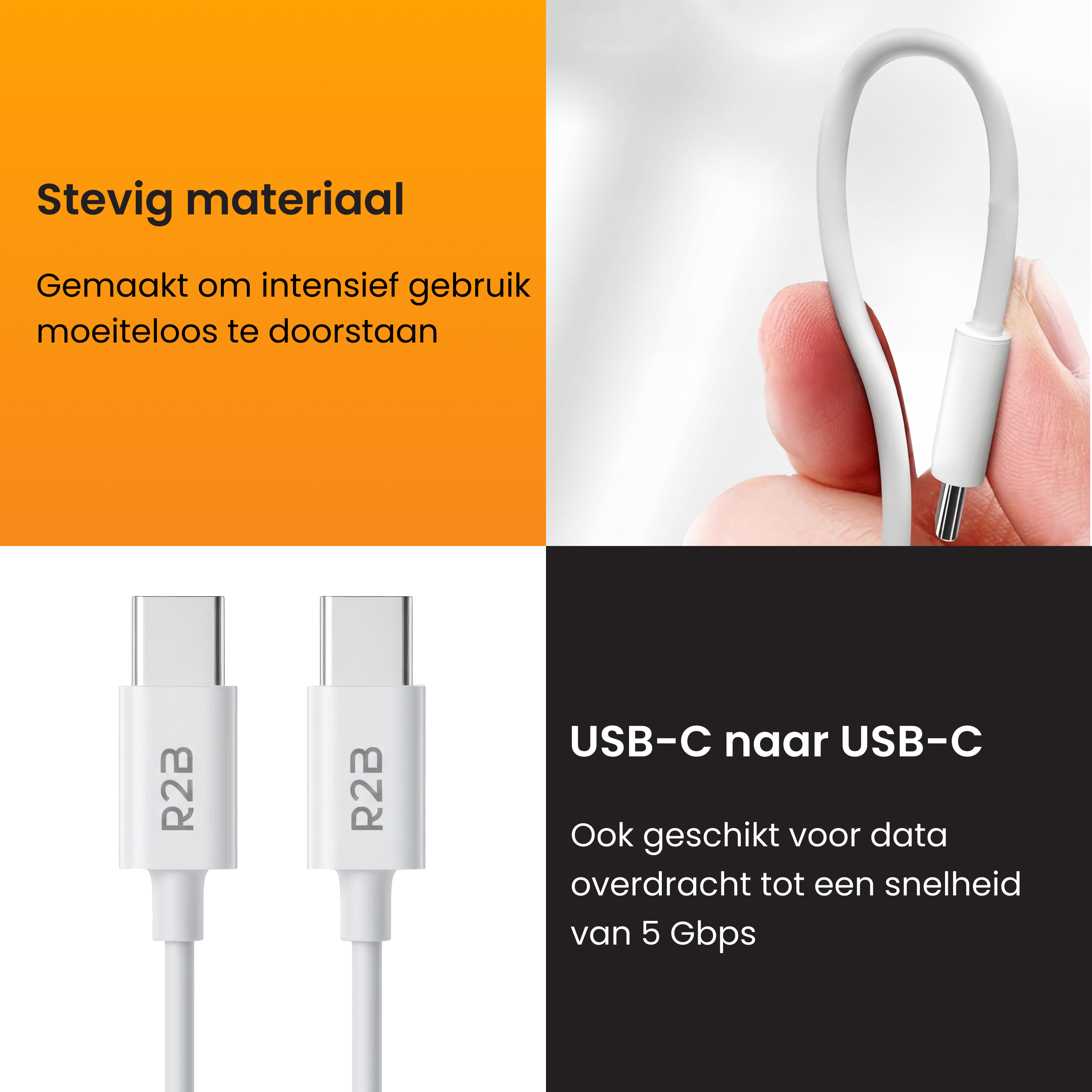 Câbles USB-C blancs avec logo R2B, l'un tenu par une main.