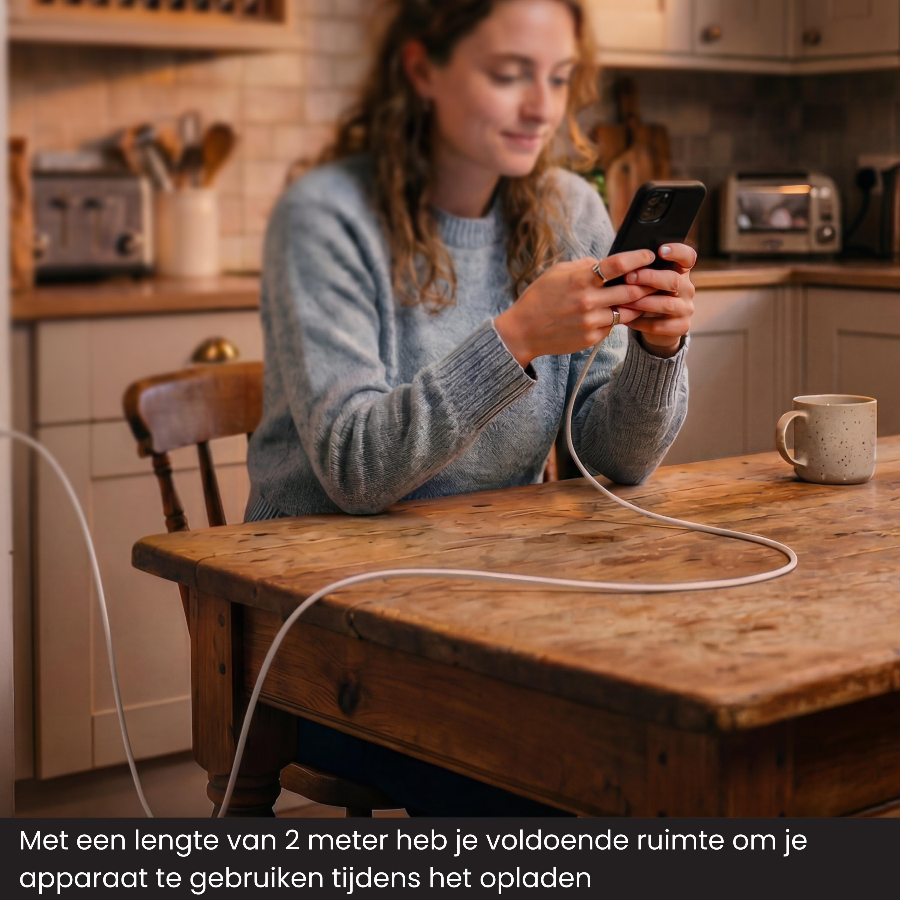Une femme assise à une table utilise son téléphone, relié par un câble blanc.