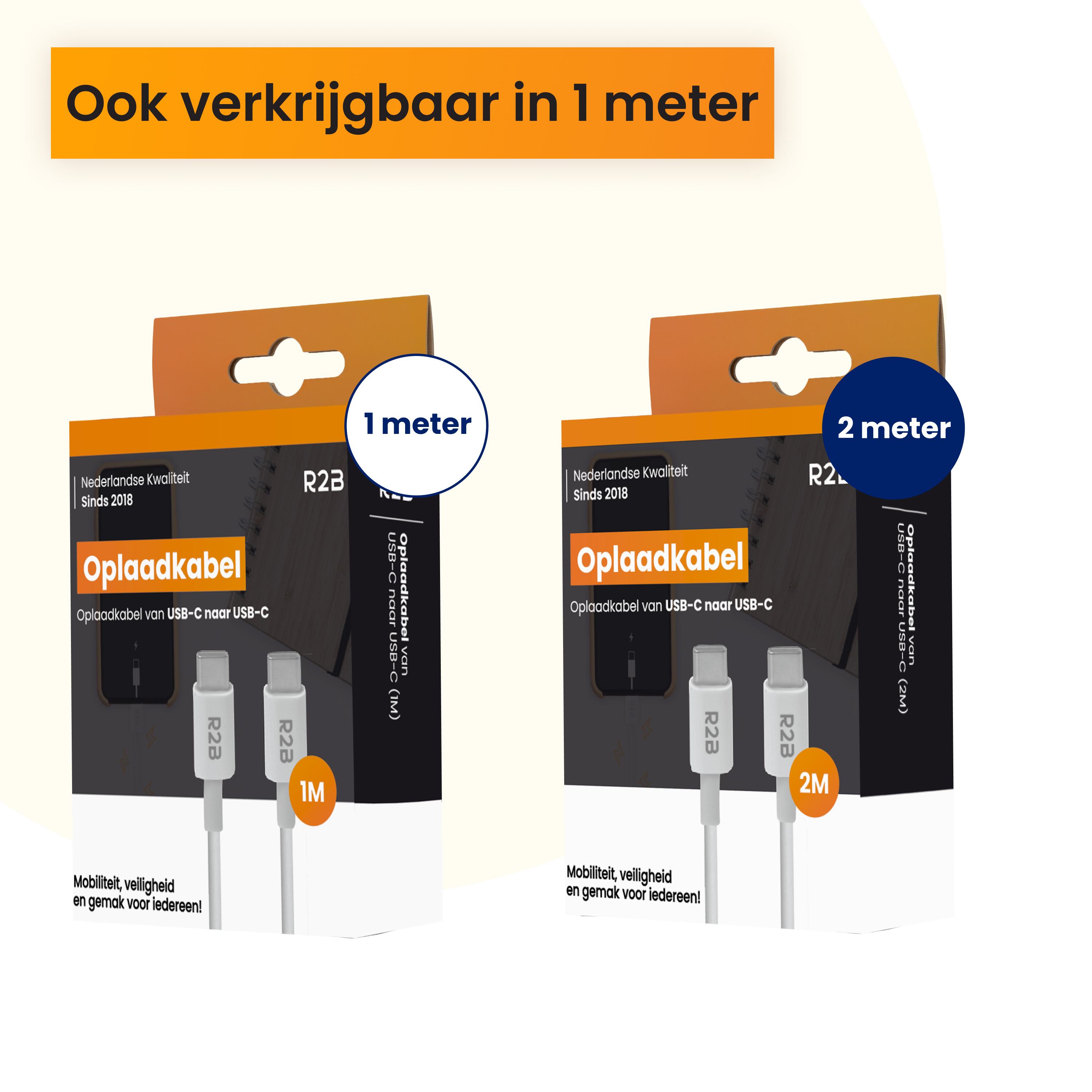 Deux câbles de chargement R2B USB-C, 1m et 2m, sur emballage.