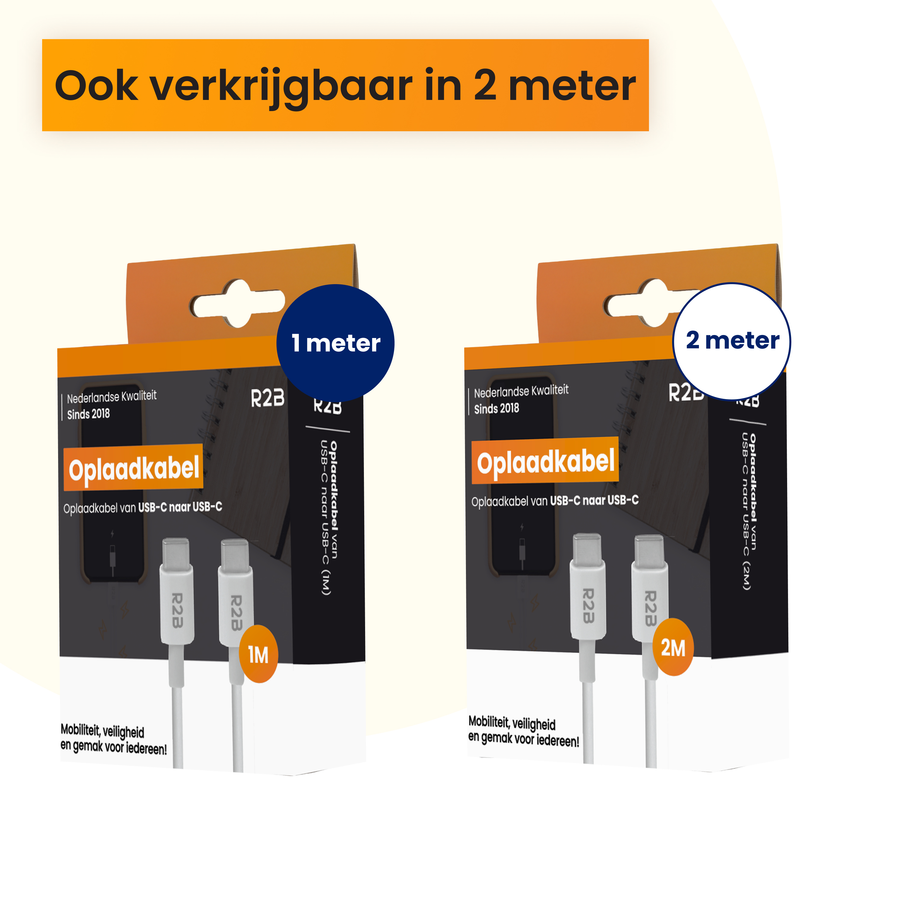 Two USB-C to USB-C charging cables, 1m and 2m, in packaging.