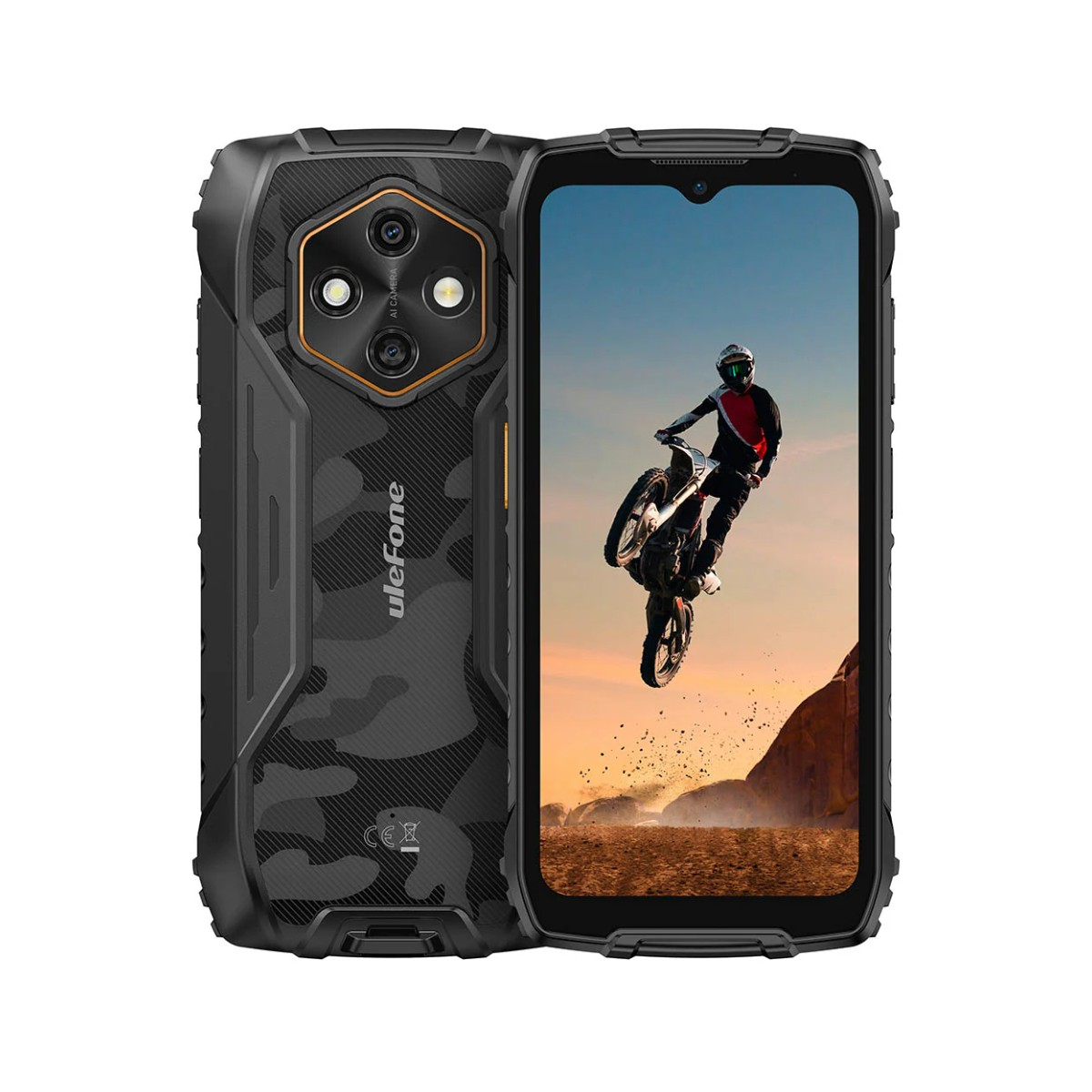 Robustes Handy mit Tarnmuster und einer Kamera, die einen Motorradfahrer zeigt.