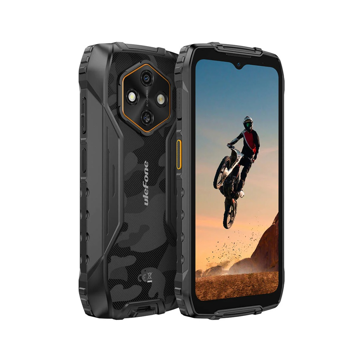 Ein robustes Smartphone mit Tarnmuster-Rückseite und einer Motorrad-Stunt-Anzeige.