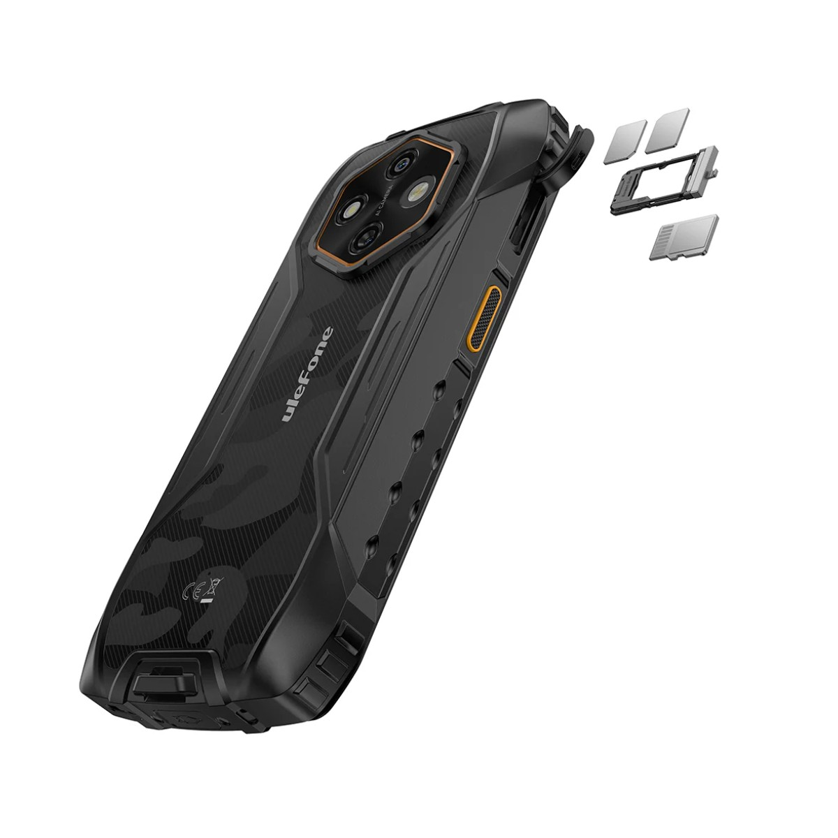 Schwarzes robustes Smartphone mit Tarnmuster, mehreren Kameras und SIM-Schubladen-Detail.