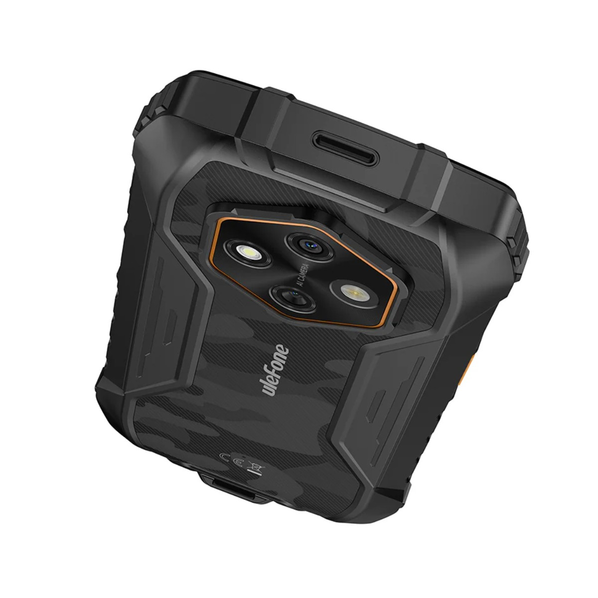 Robustes schwarzes Smartphone mit Tarnmuster, dreifacher Kamera und orangefarbenen Akzenten.
