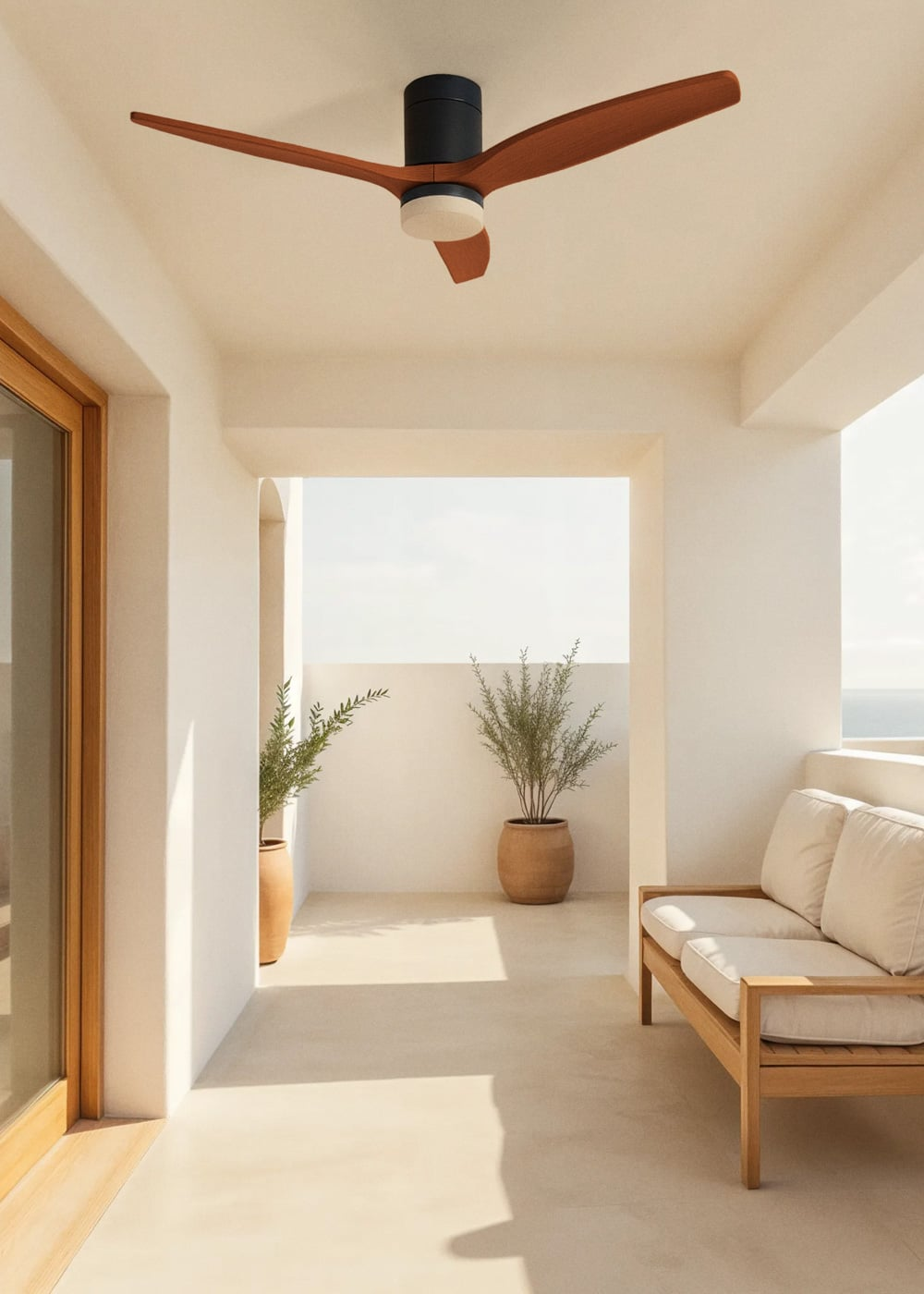 Un ventilador de techo moderno con aspas de madera sobre un balcón con sofá y plantas.