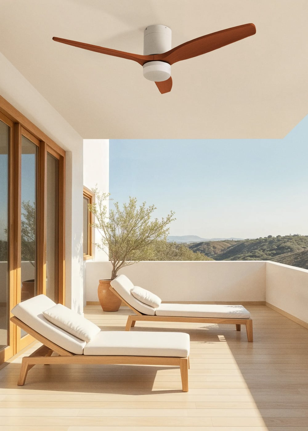 Un ventilador de techo moderno sobre dos tumbonas en una terraza de madera con vistas a un paisaje montañoso.