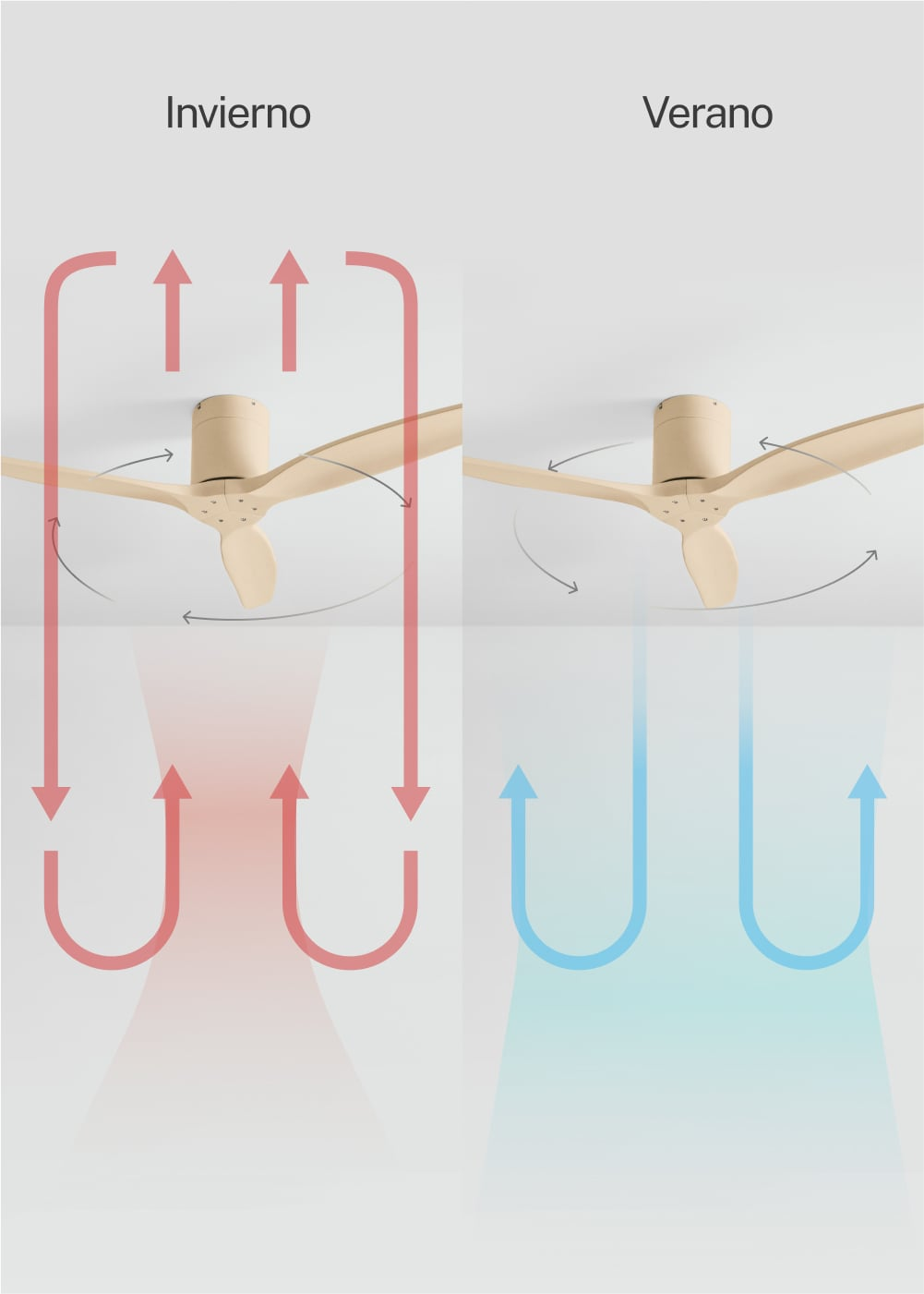 Ventilador de techo en modo invierno (rojo) y modo verano (azul).