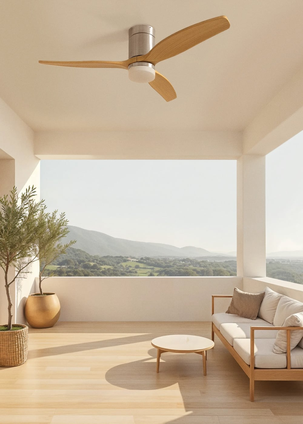 Un patio cubierto con sofá, mesa, planta y vista a la montaña.