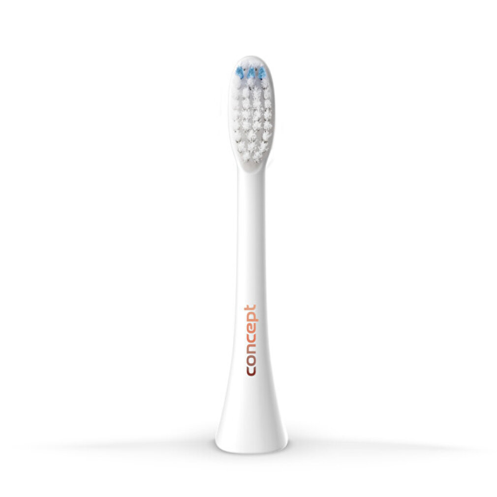 White toothbrush head top with blue bristles and logo.