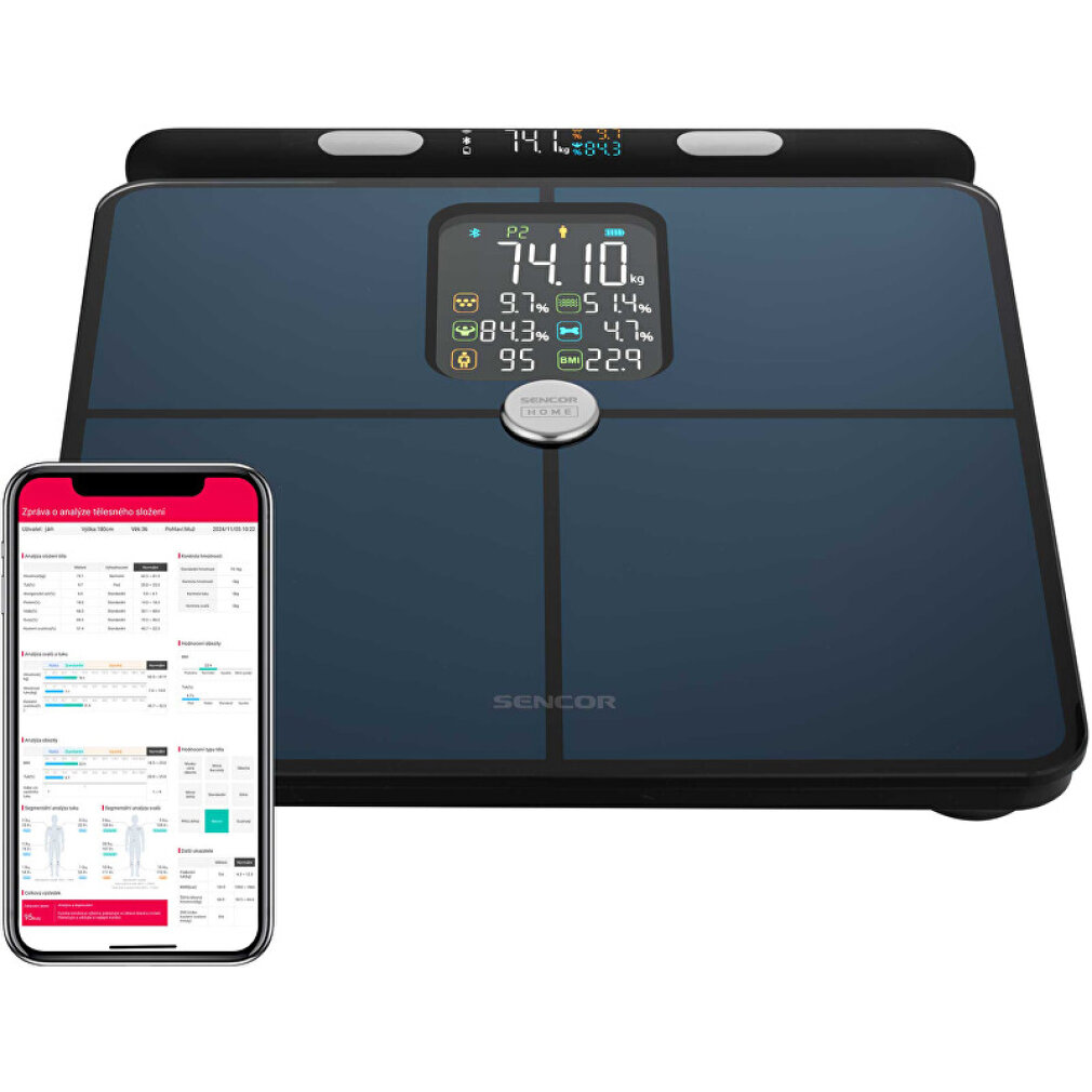 Eine digitale Körperanalysewaage zeigt 74,1 kg, Körperfett, Muskelmasse und BMI an.