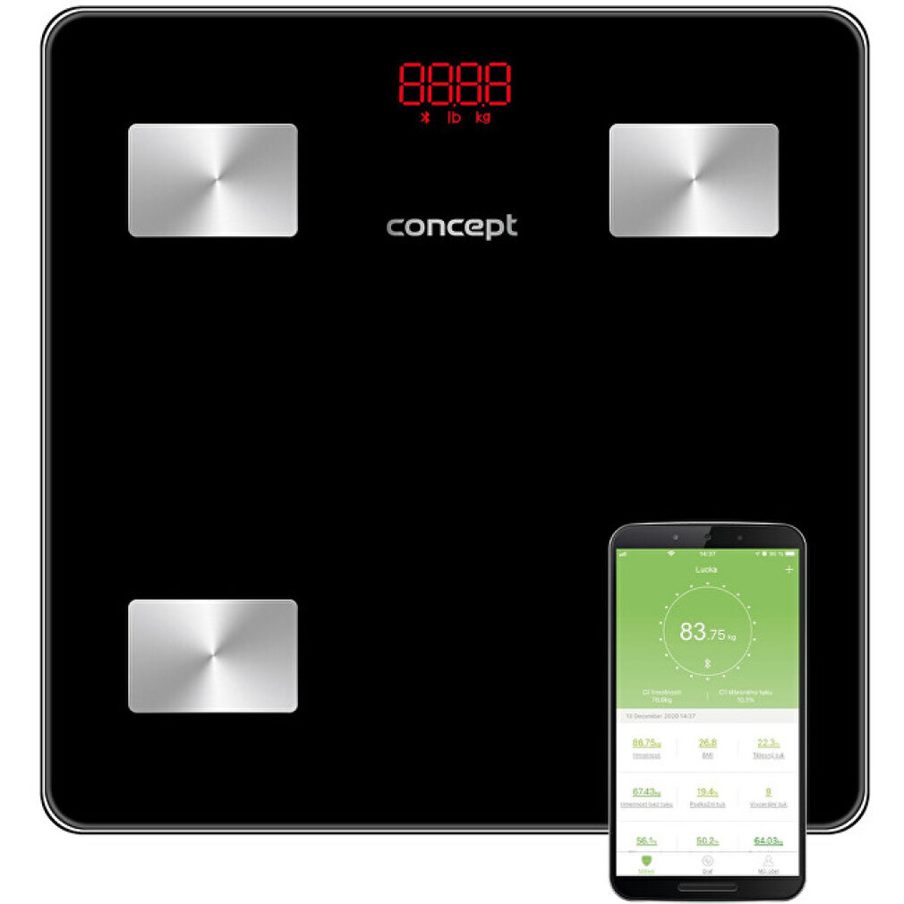 Schwarze Personenwaage mit Silber-Applikationen und Smartphone-Display.