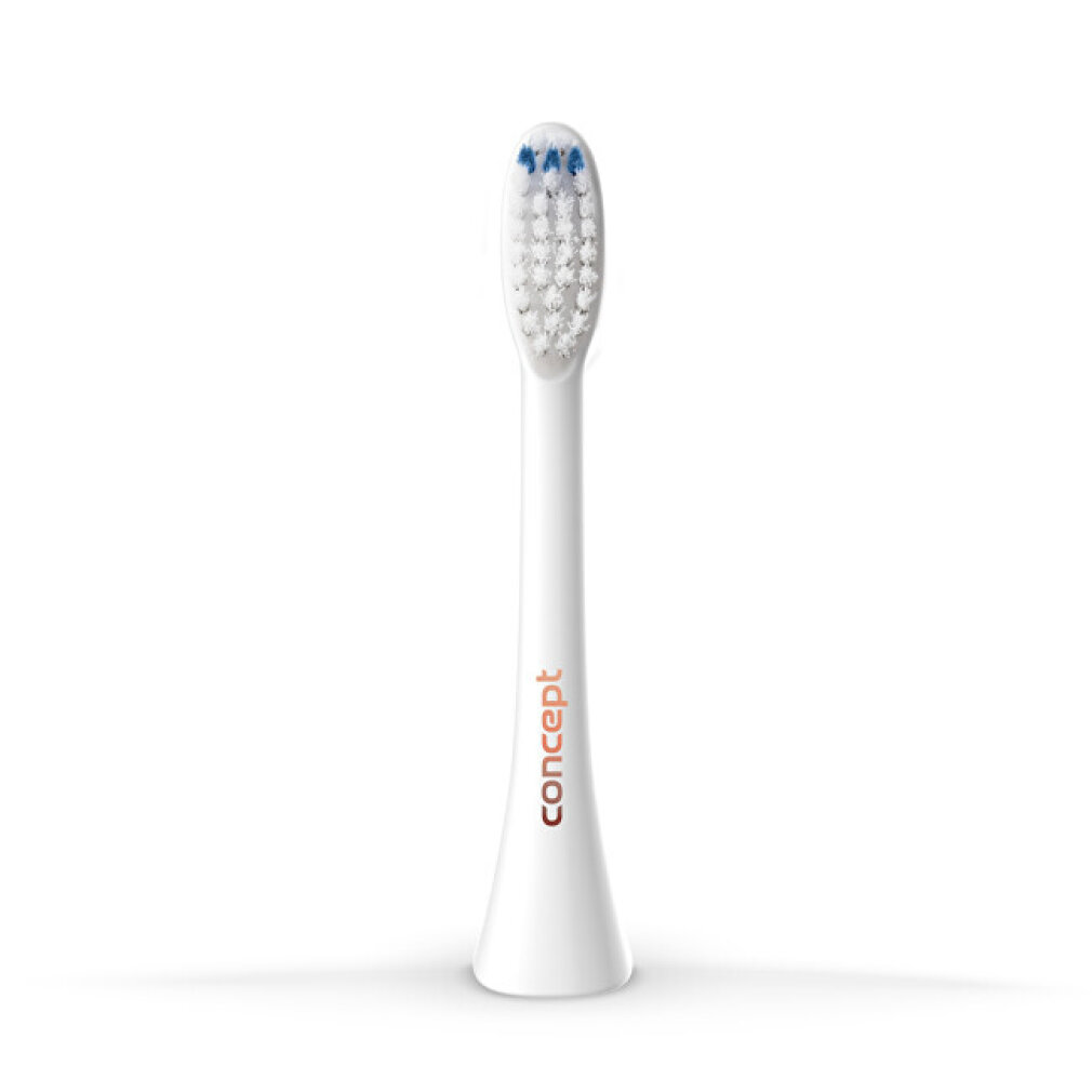 A white electric toothbrush head with blue bristles and orange text that says "concept".