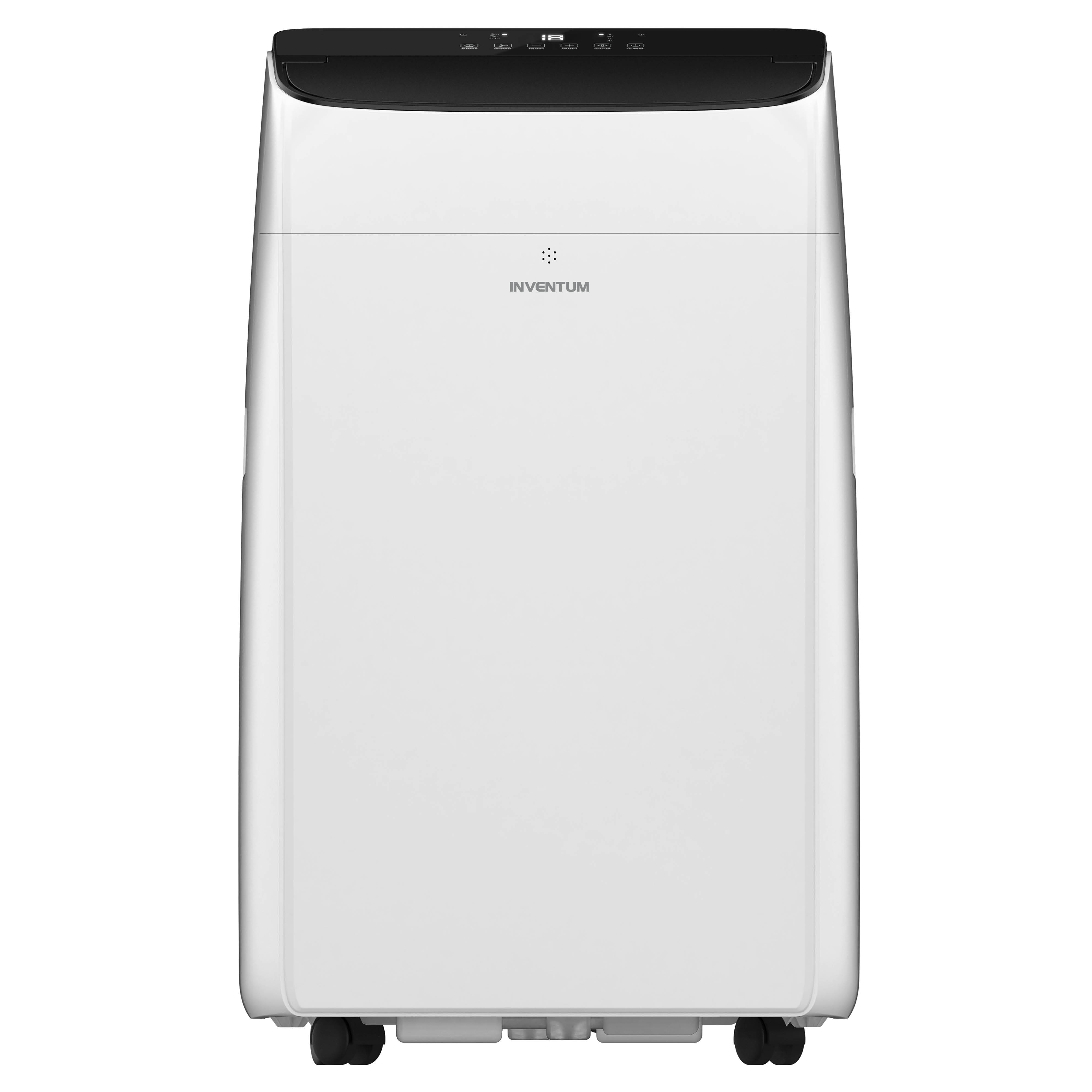 A white, portable air conditioner tower with a black top and wheels.