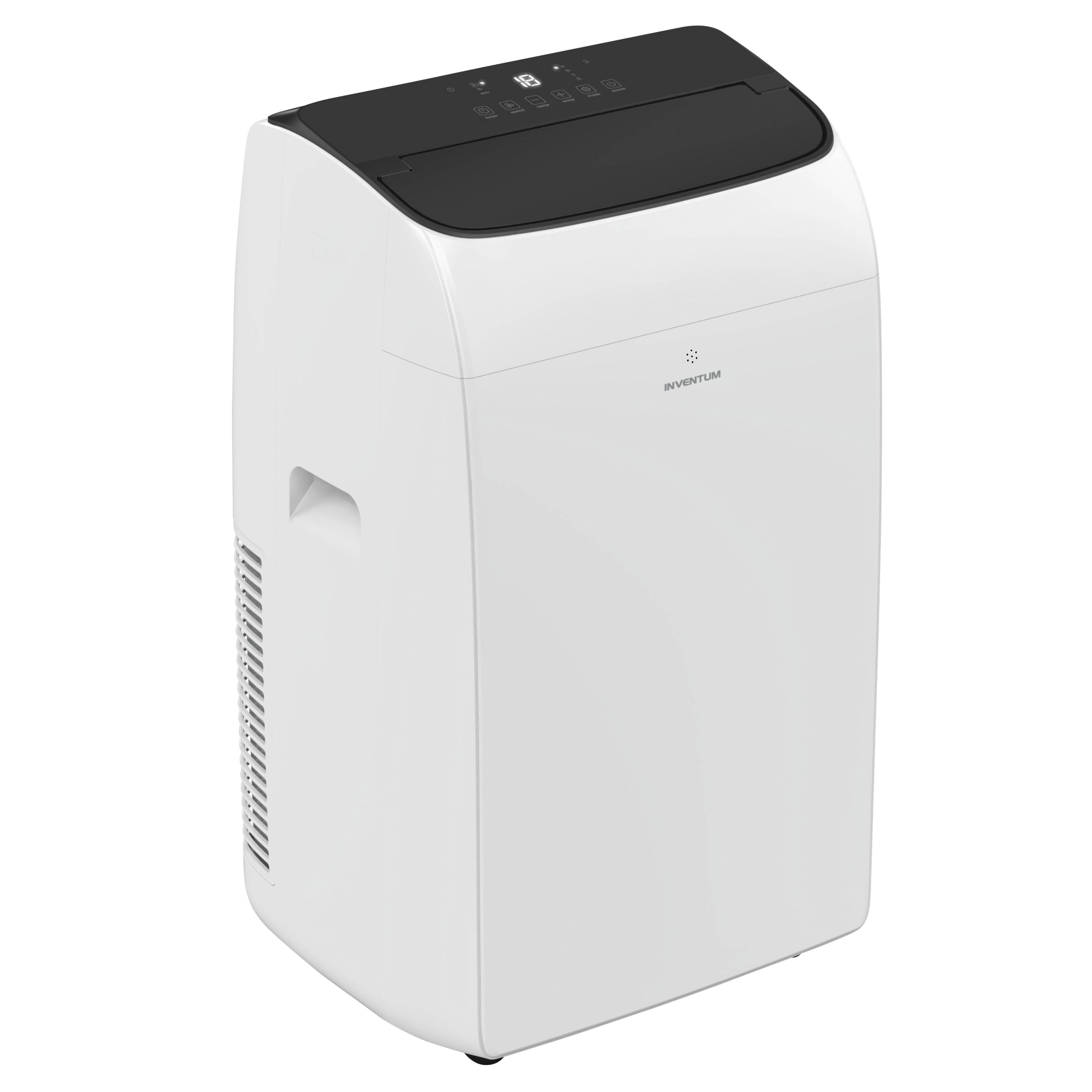 A white portable air conditioner tower with a black control panel and LED display.