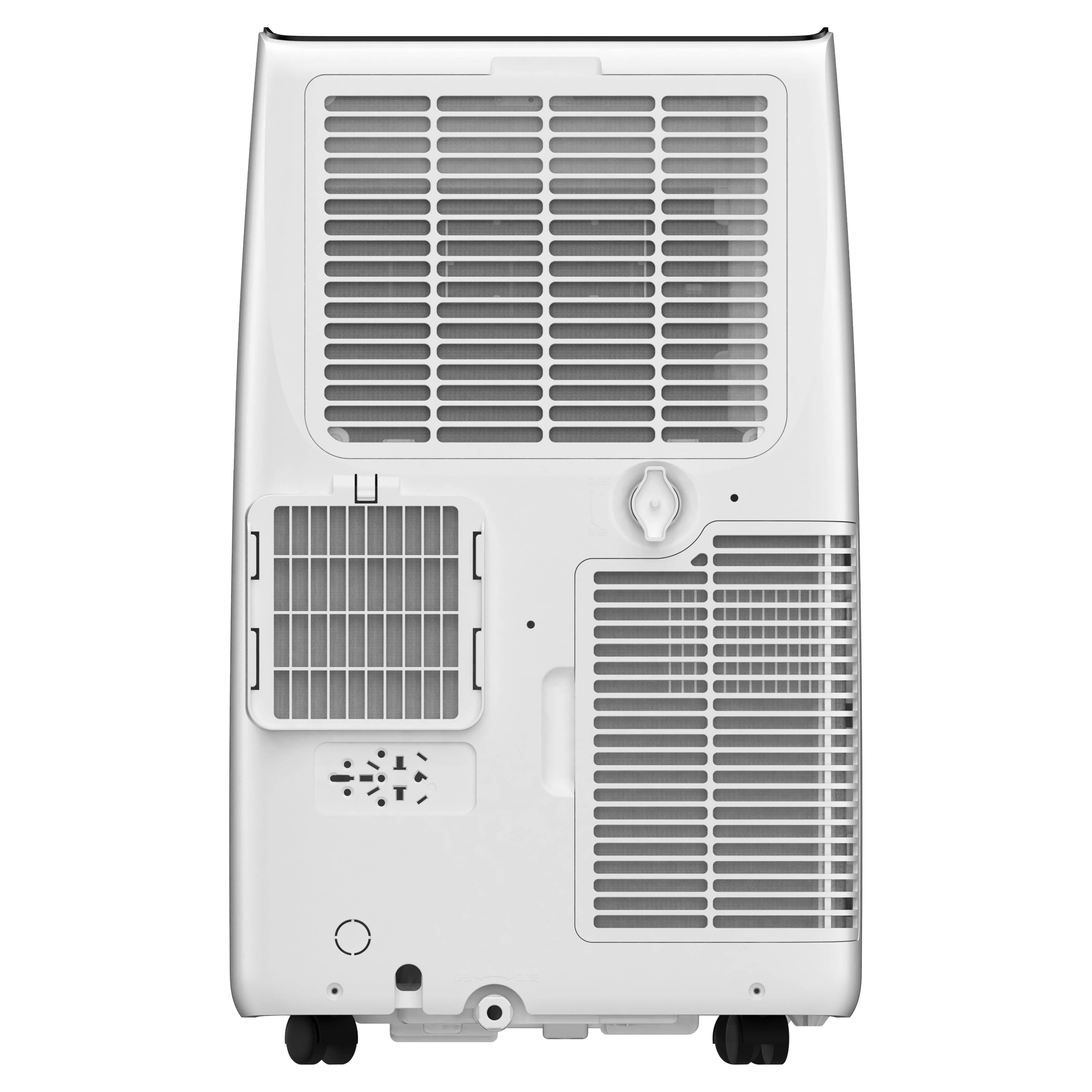 The back of a white portable air conditioner unit with vents and a filter.