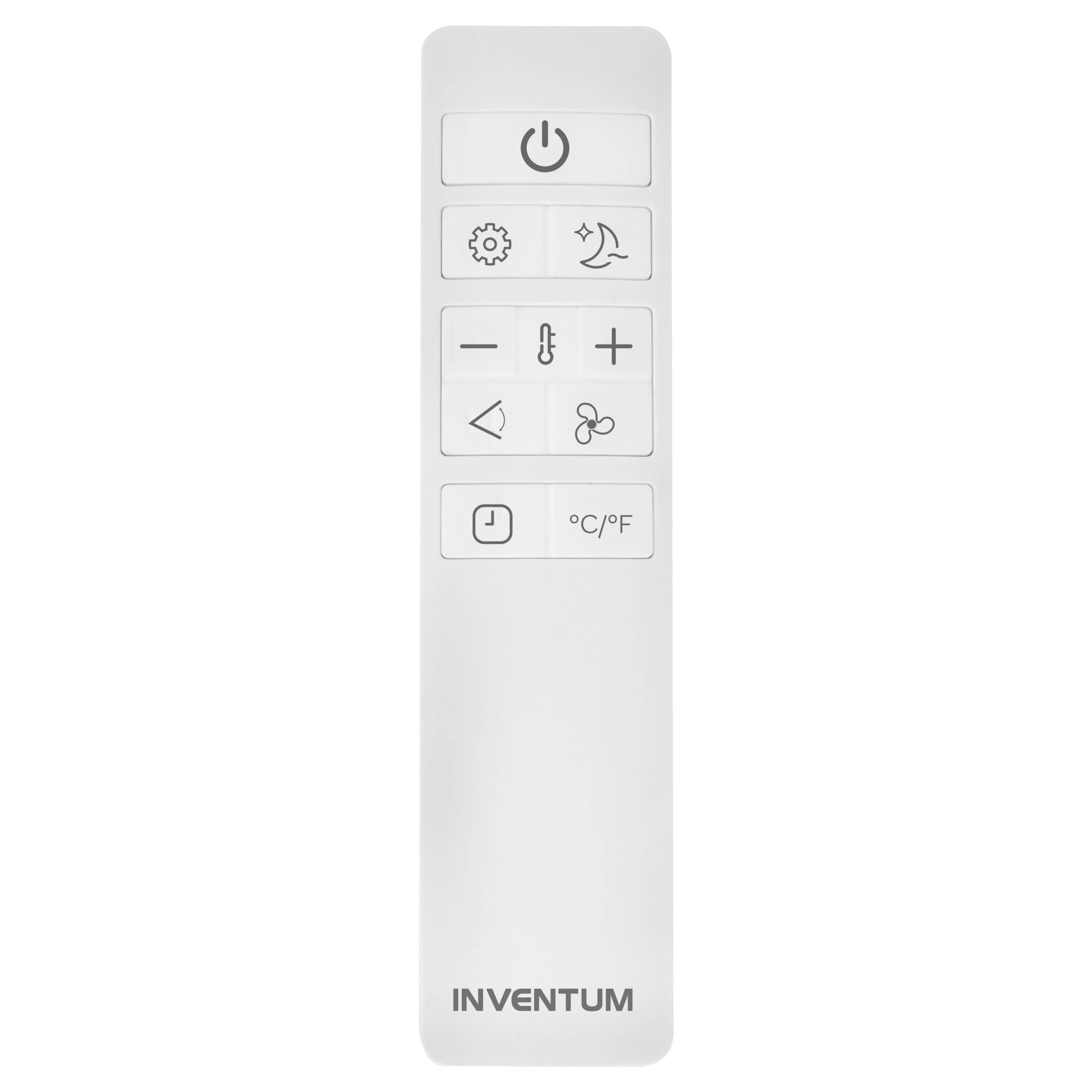 White remote control with buttons for on/off, settings, moon, minus, plus, arrow, fan, timer, and °C/°F.