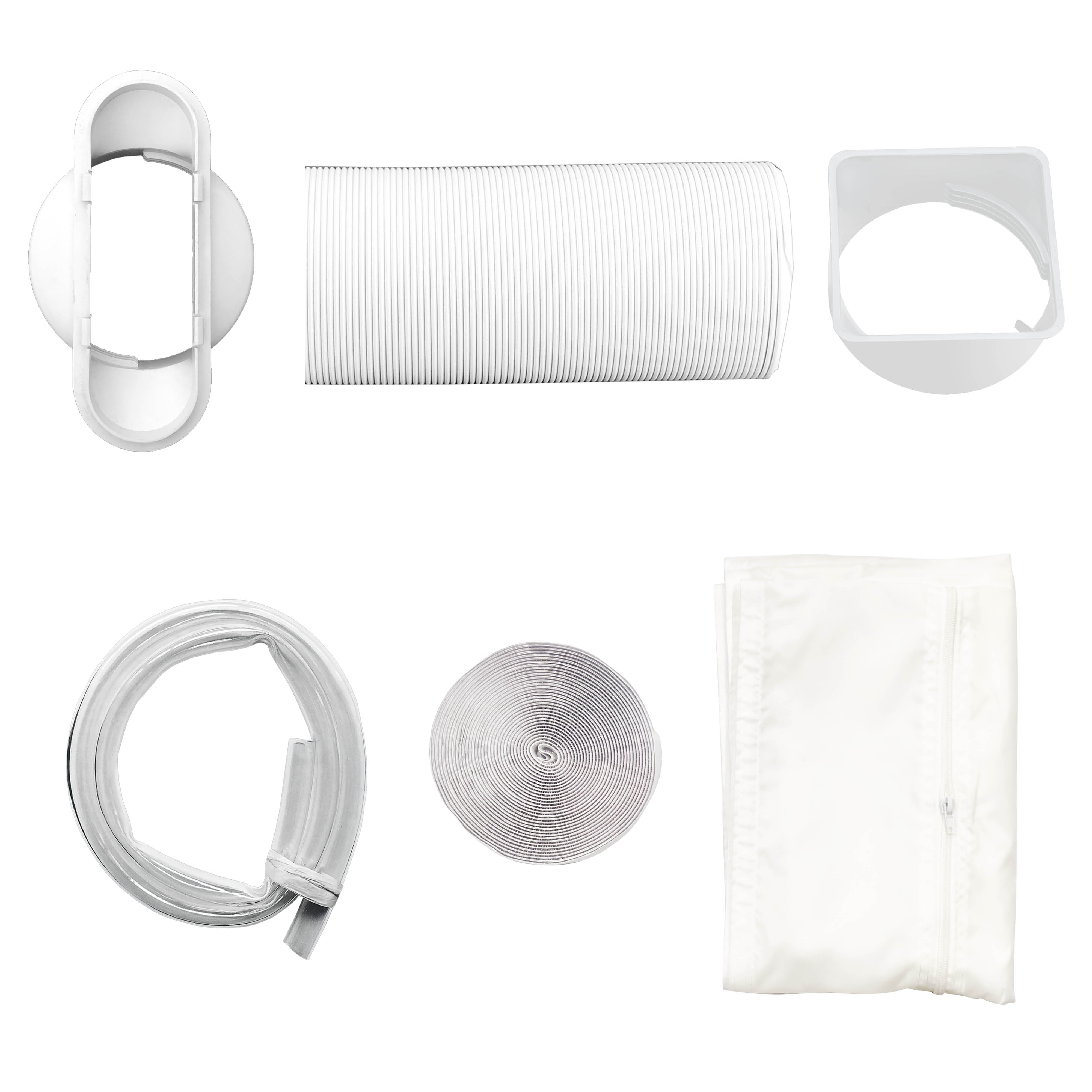 White window seal for portable air conditioners with accessories.