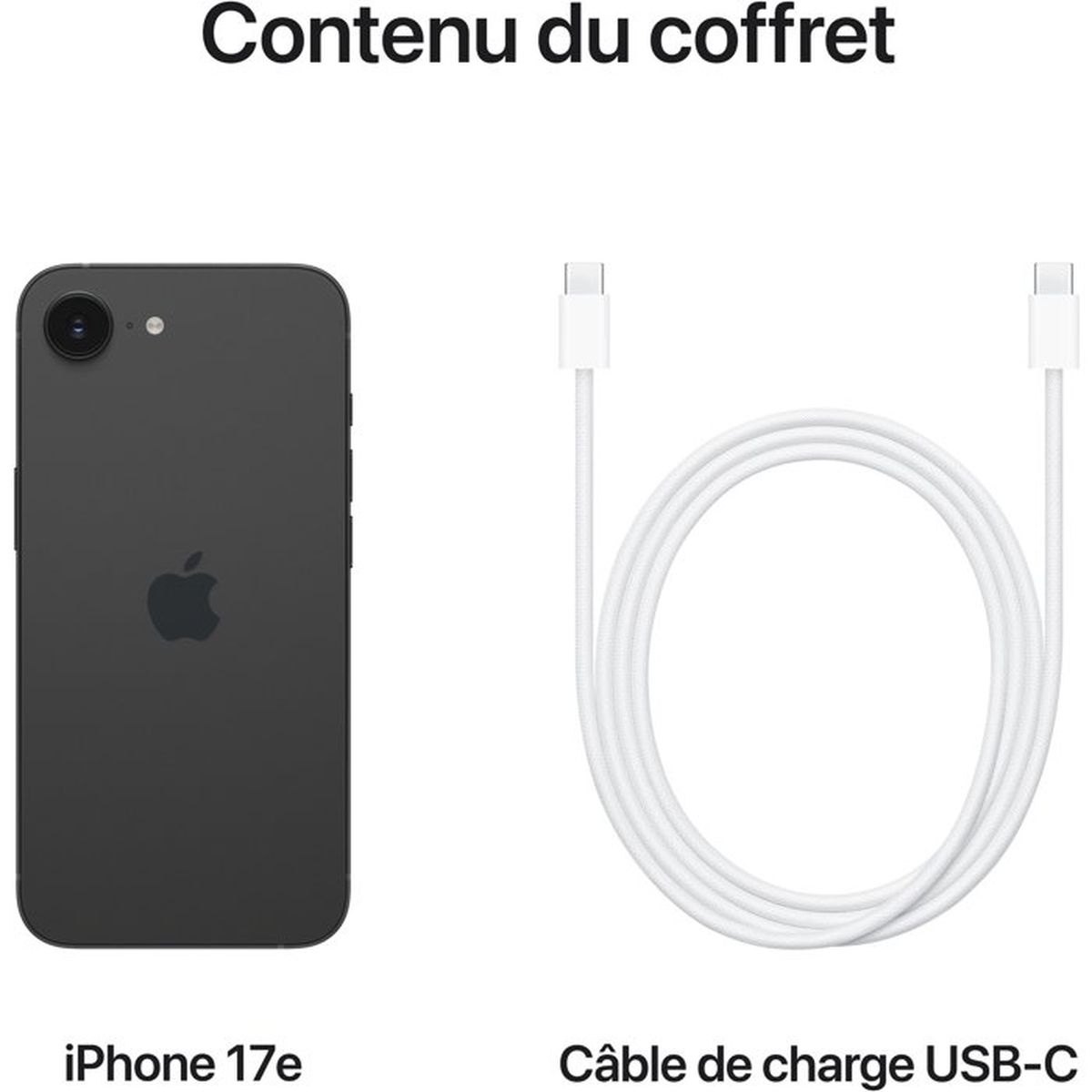 Czarny iPhone 17e i biały kabel ładujący USB-C są pokazane obok siebie.