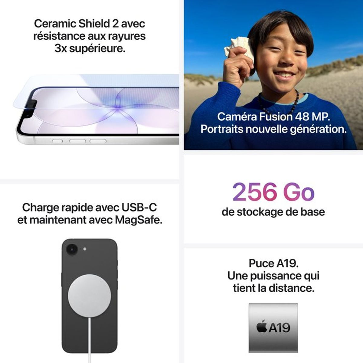Chłopiec przykłada muszlę do ucha. Ekran odporny na zarysowania. Szybkie ładowanie MagSafe.