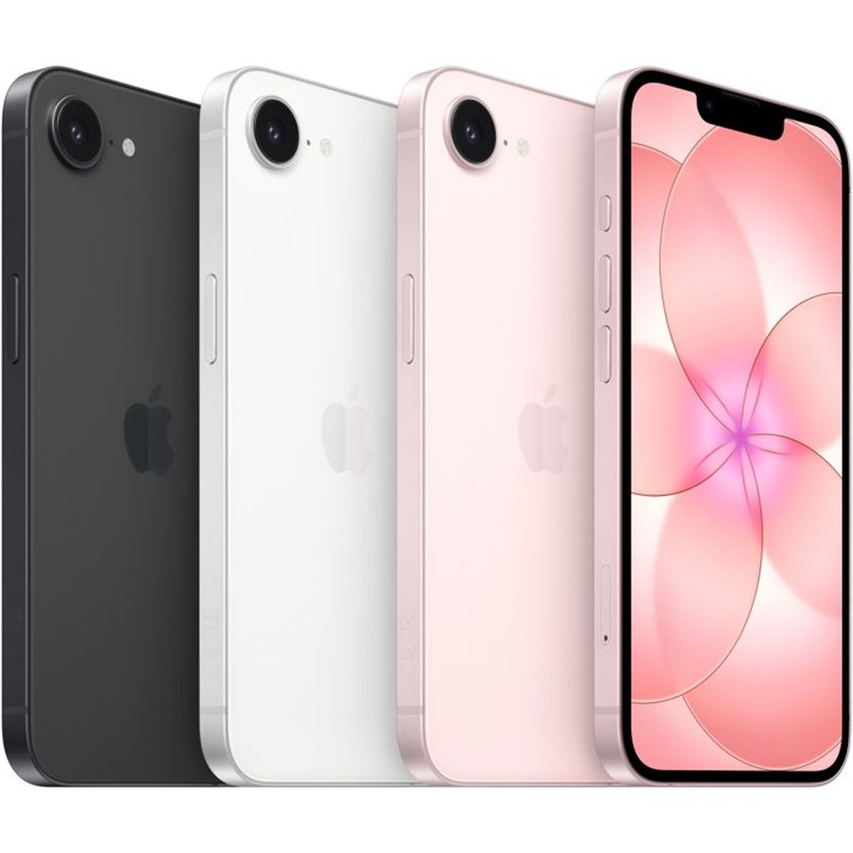 Trzy iPhone'y: czarny, biały i różowy, ustawione obok siebie. Ekran jest włączony.