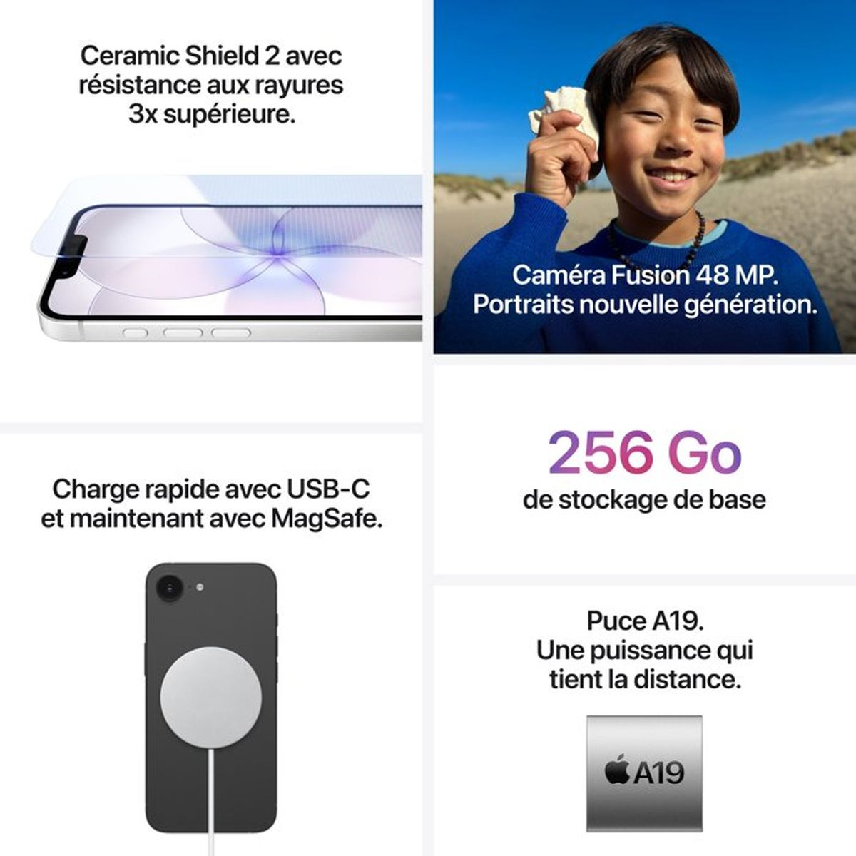 Funkcje iPhone: Ceramic Shield, aparat 48MP, 256GB, MagSafe, czip A19.