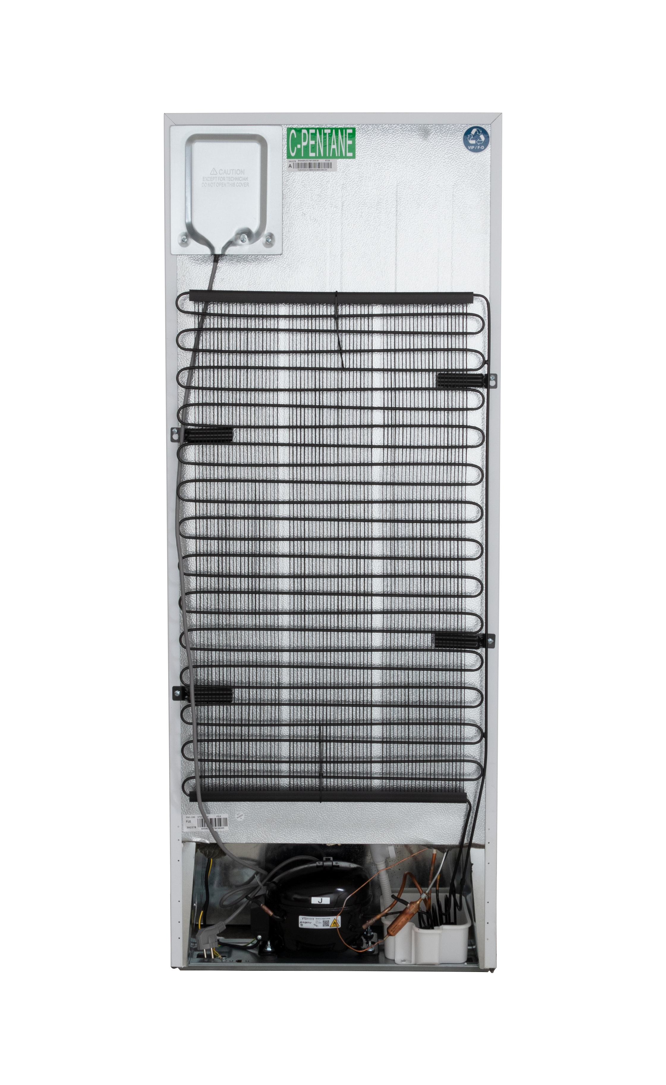 Achterkant koelkast met compressor, condensor en waarschuwingslabels.