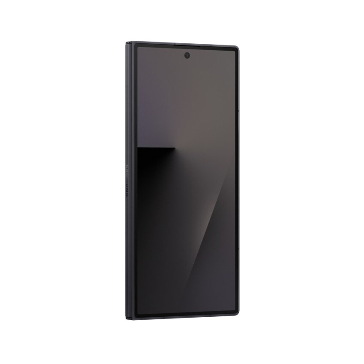 Ciemny smartfon z dużym ekranem i przednim aparatem.
