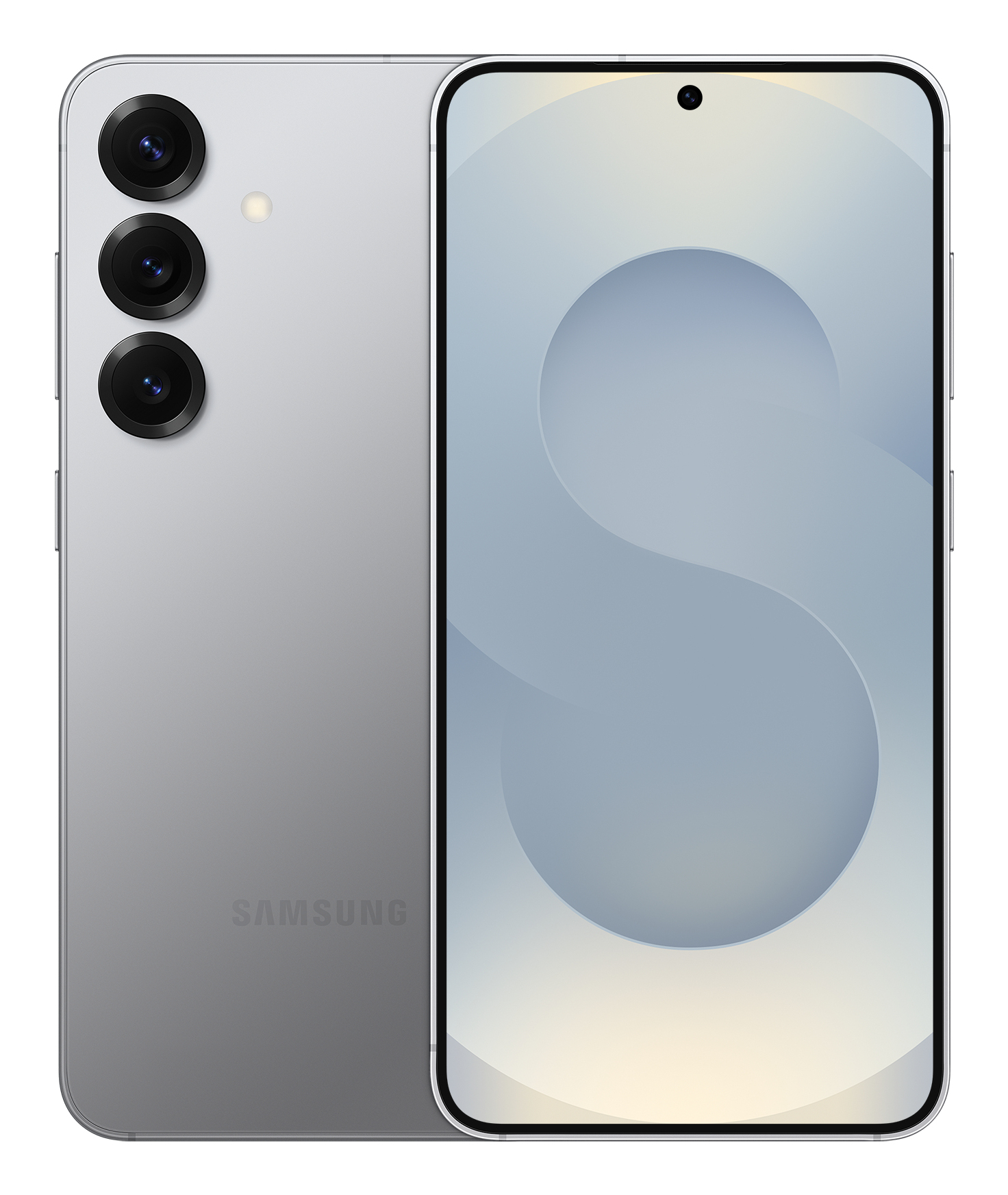 Silbernes Samsung Smartphone mit dreifacher Kamera und leerem Bildschirm.