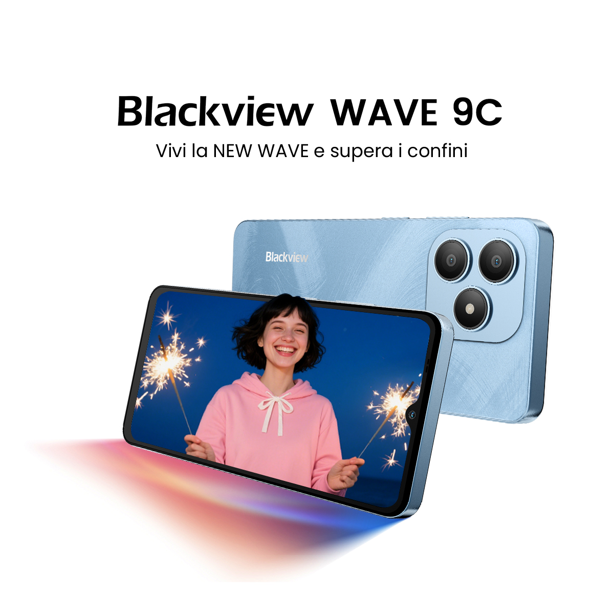 Uno smartphone blu che mostra una ragazza con le scintille sullo schermo.