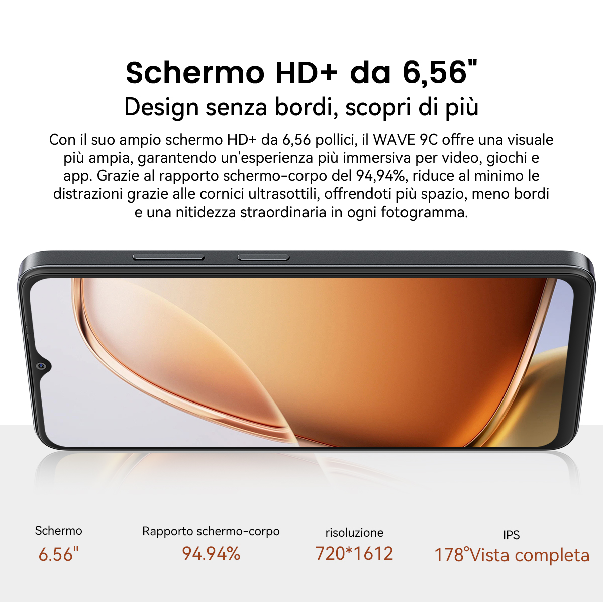 Uno smartphone con display HD+ da 6,56 pollici e cornici minime.