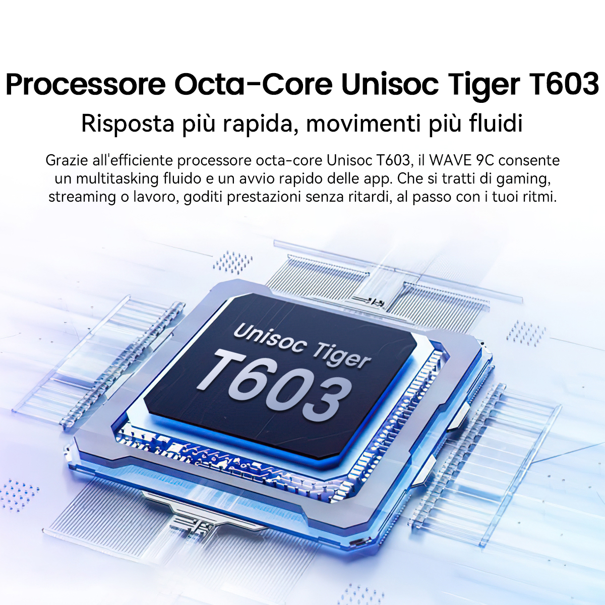 Primo piano di un processore Octa-Core Unisoc Tiger T603 su un circuito stampato con luci blu.