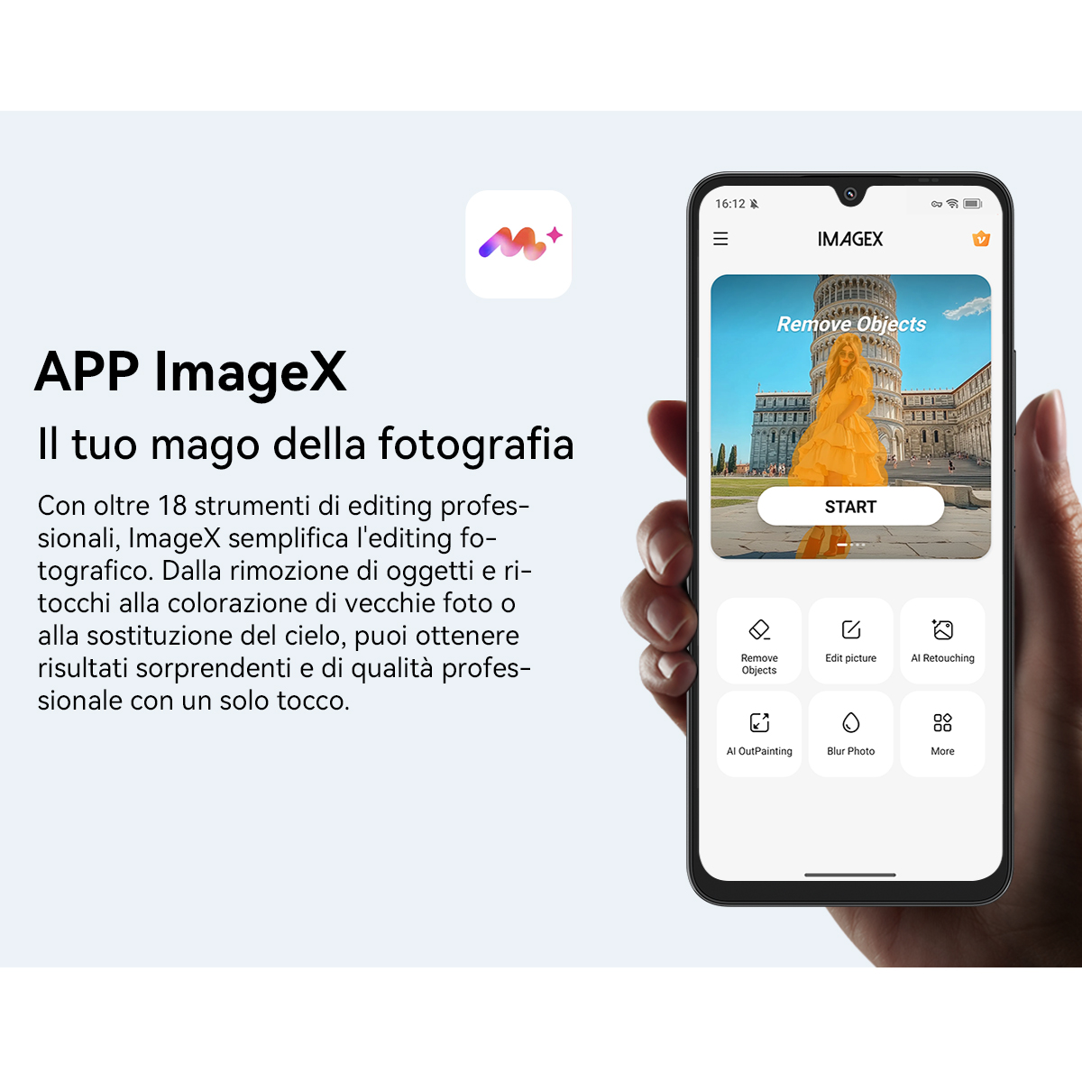 Telefono mostra app ImageX con donna gialla vicino Torre di Pisa.