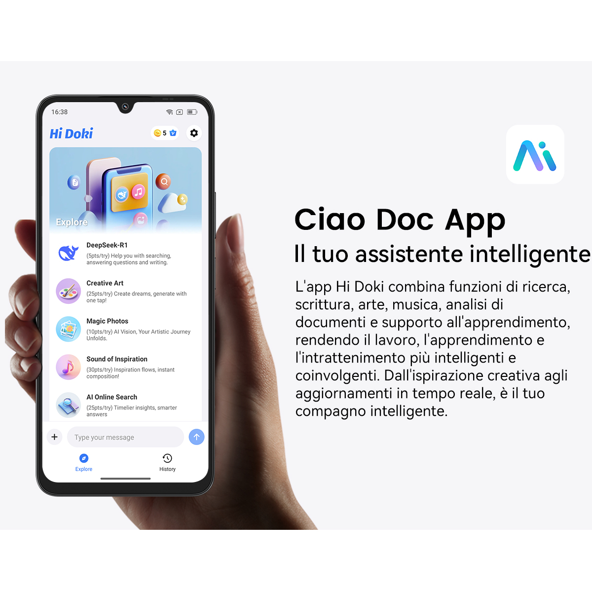 Schermo smartphone mostra l'app 'Hi Doki' con funzioni IA come ricerca e arte.