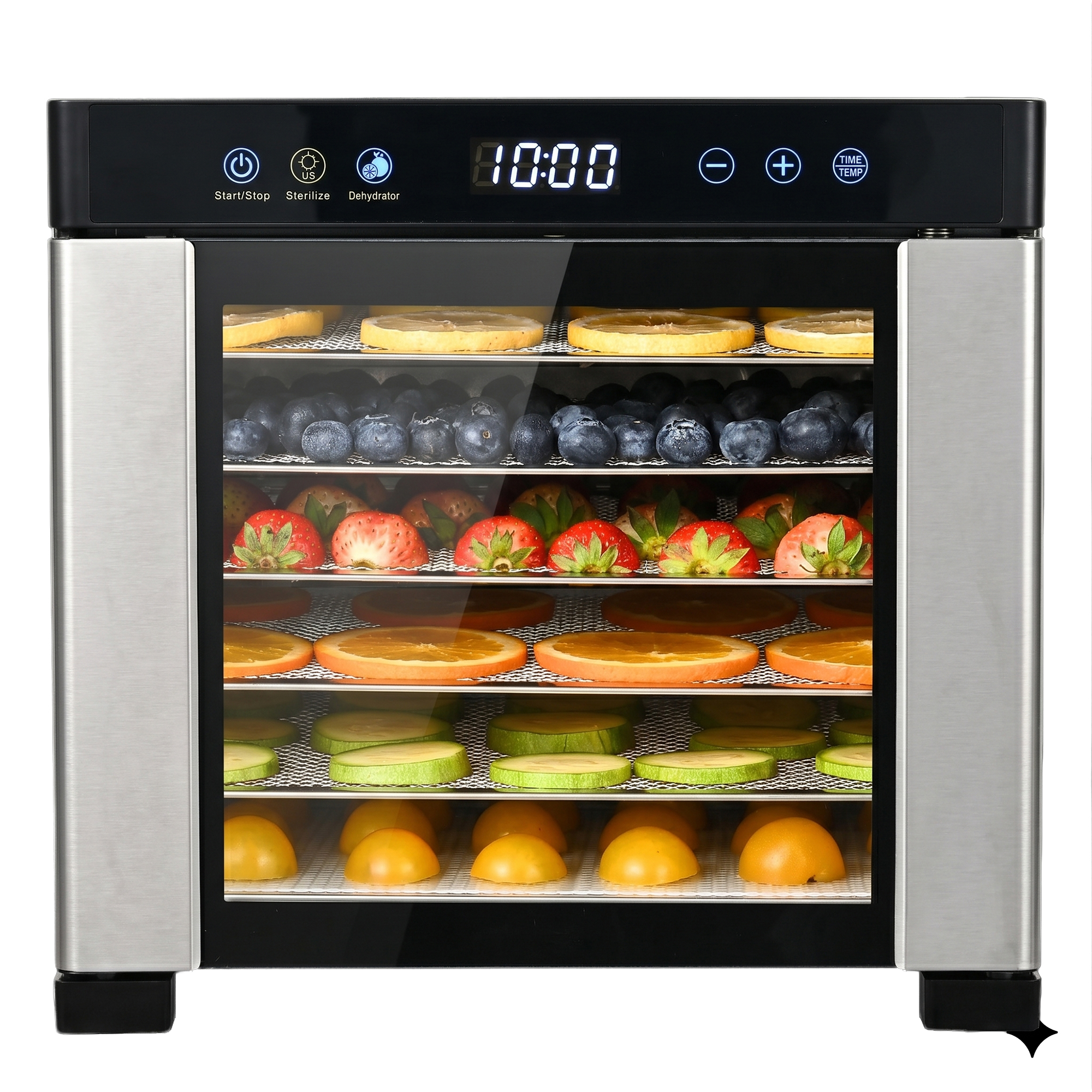 Un déshydrateur alimentaire à cinq niveaux rempli de fruits et légumes.