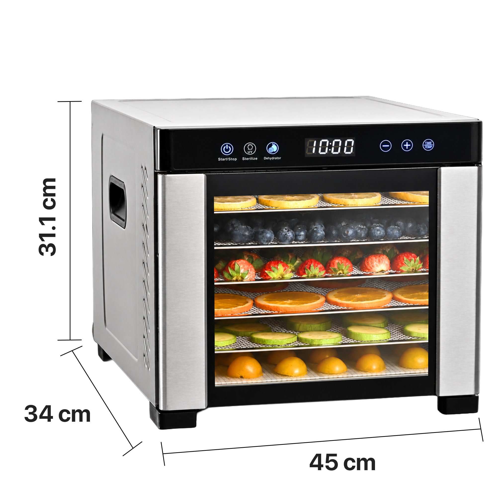 Déshydrateur en acier inoxydable avec plusieurs plateaux remplis de fruits et légumes.