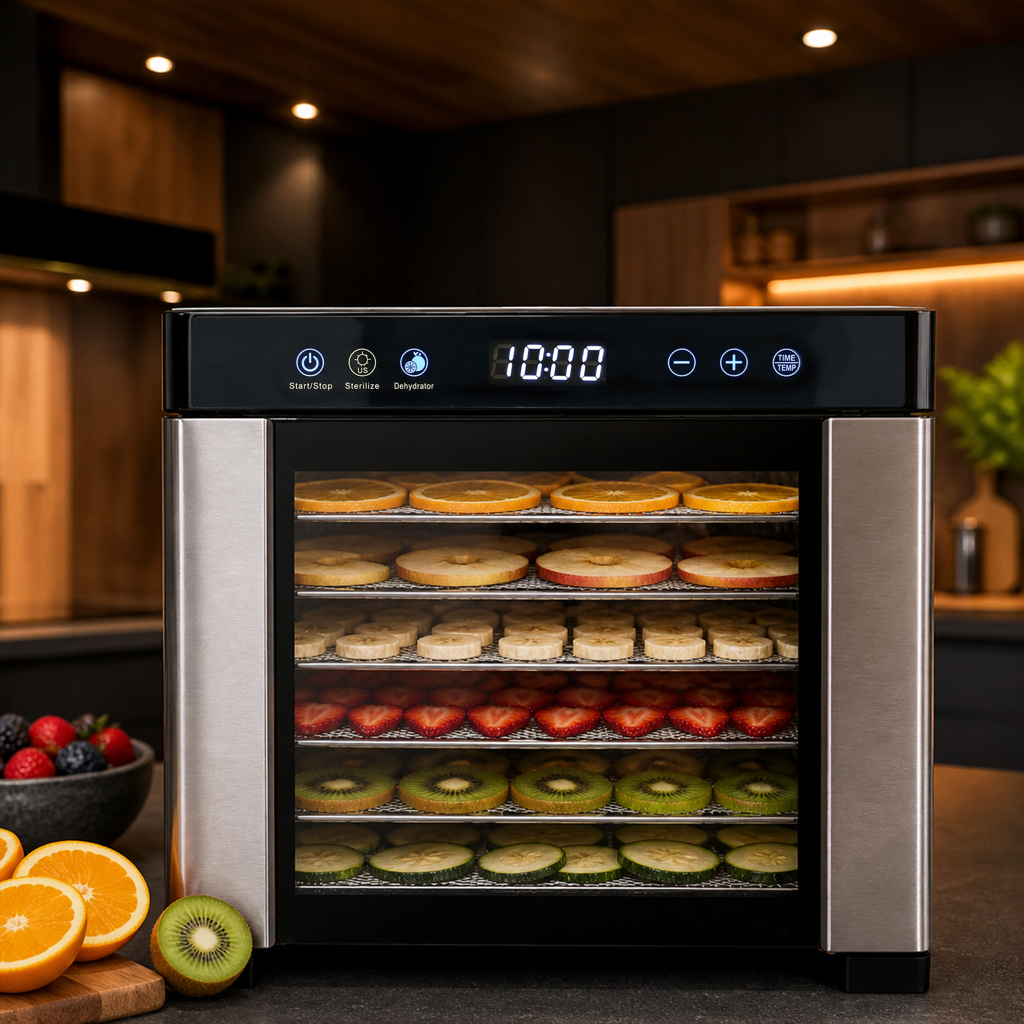 Un déshydrateur alimentaire à plusieurs niveaux rempli de fruits et légumes séchés.