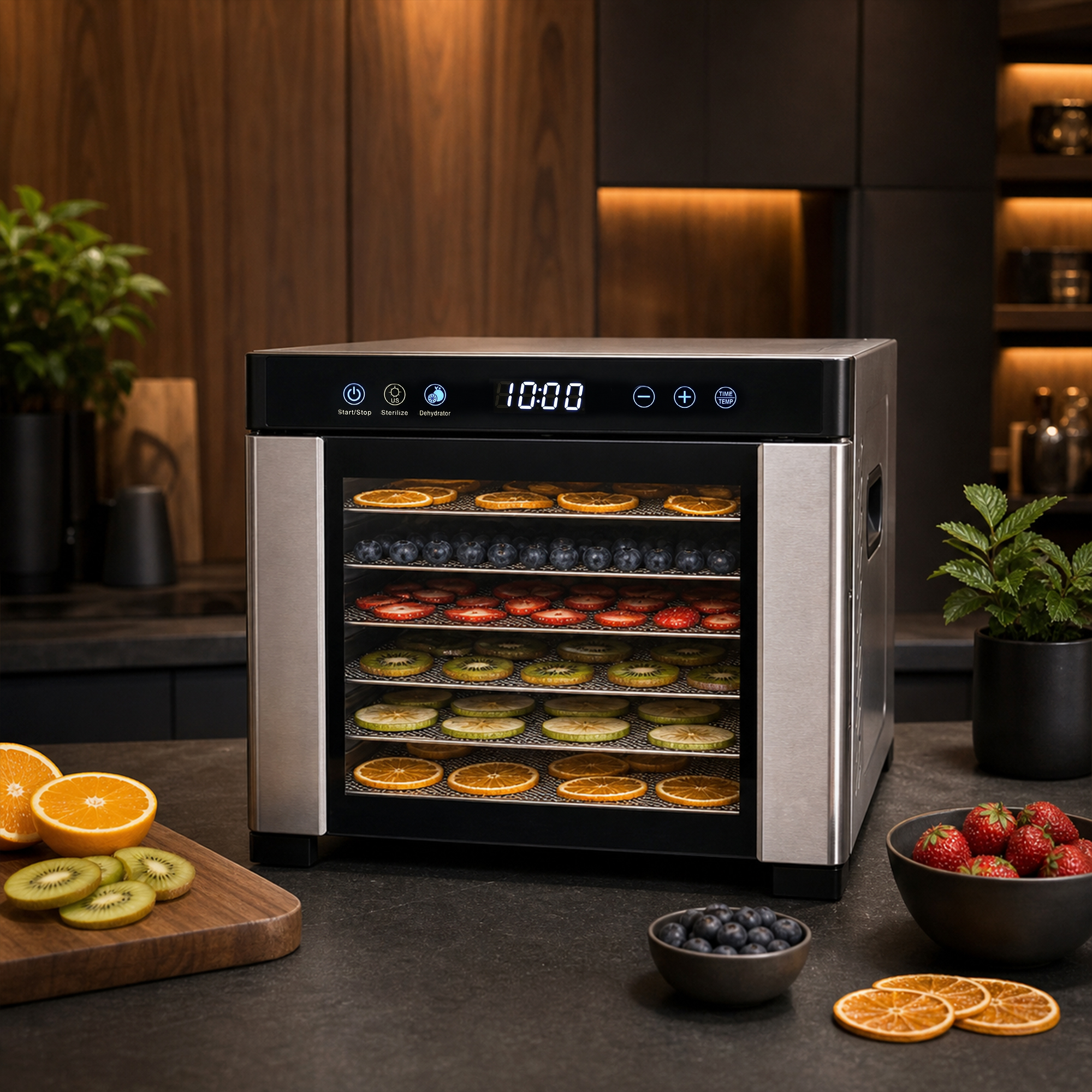 Un déshydrateur alimentaire avec des fruits sur plusieurs étages, près de fruits et baies.