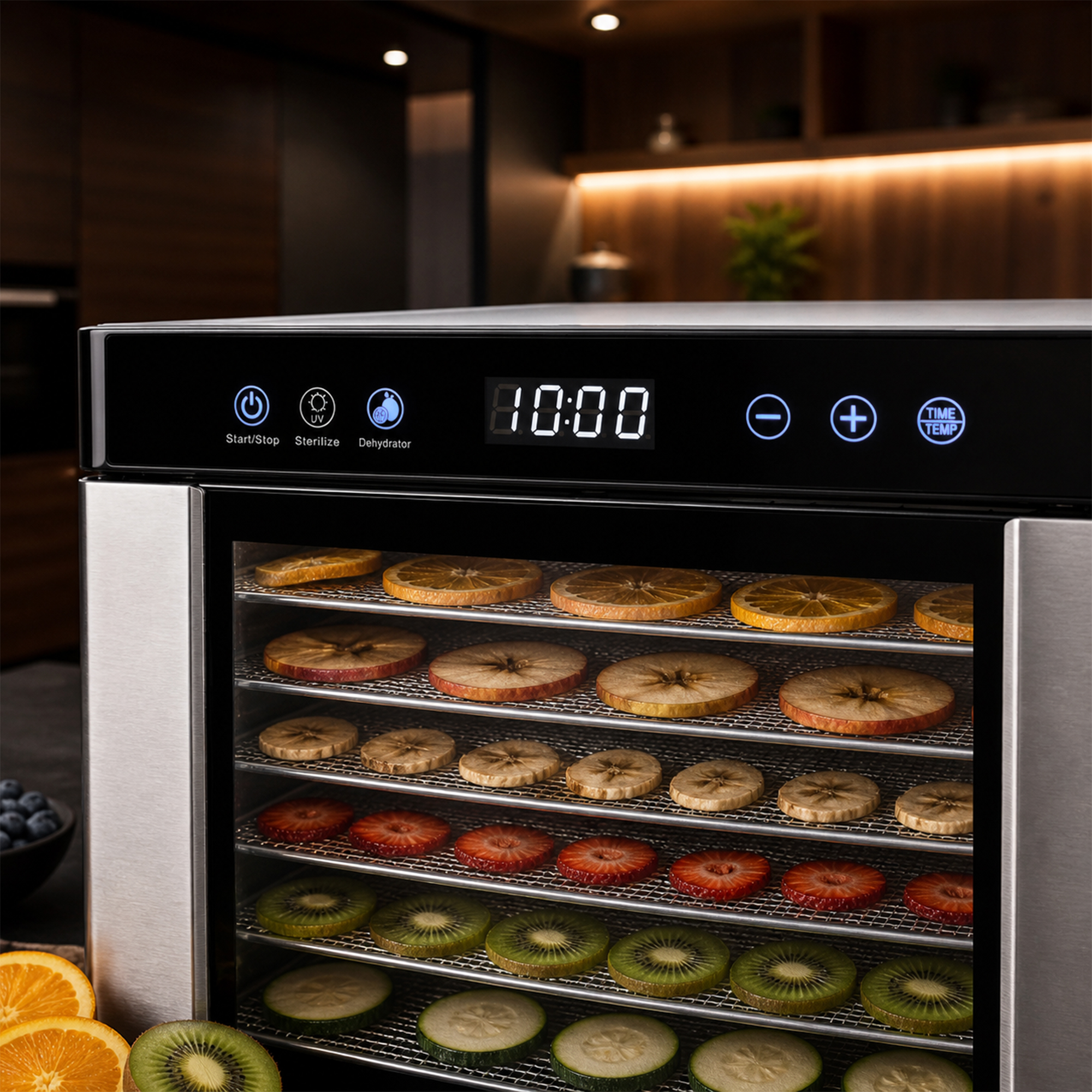 Un déshydrateur alimentaire à plusieurs niveaux, rempli de fruits et légumes.
