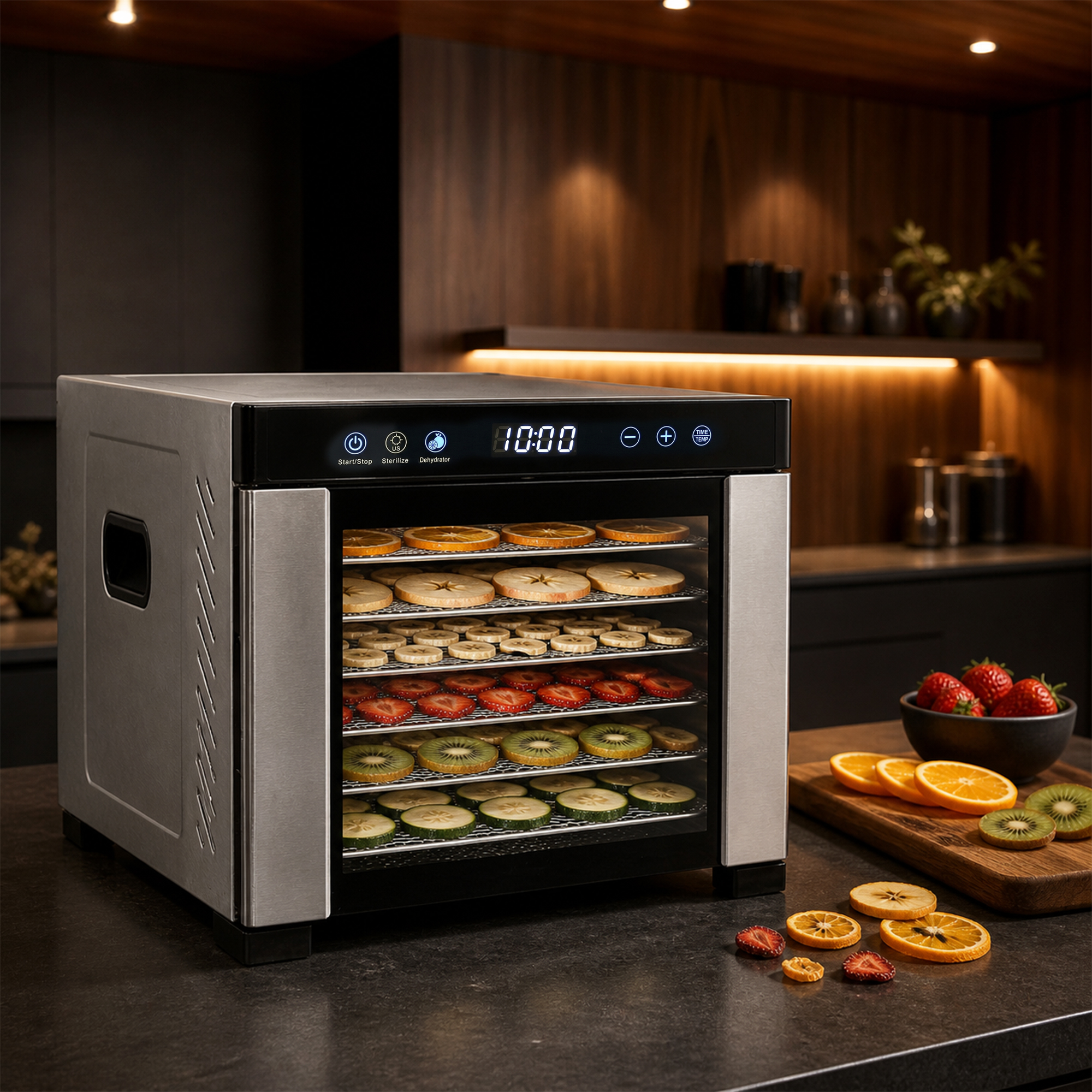 Un déshydrateur alimentaire avec des couches de fruits sur un comptoir sombre.