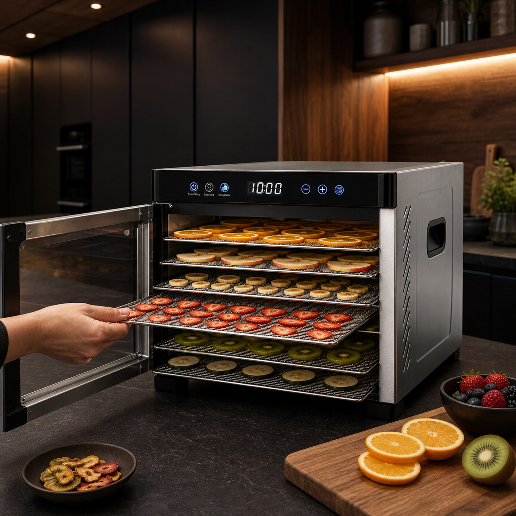 Un déshydrateur alimentaire avec des fruits sur plusieurs niveaux. Une main place un plateau de fraises.