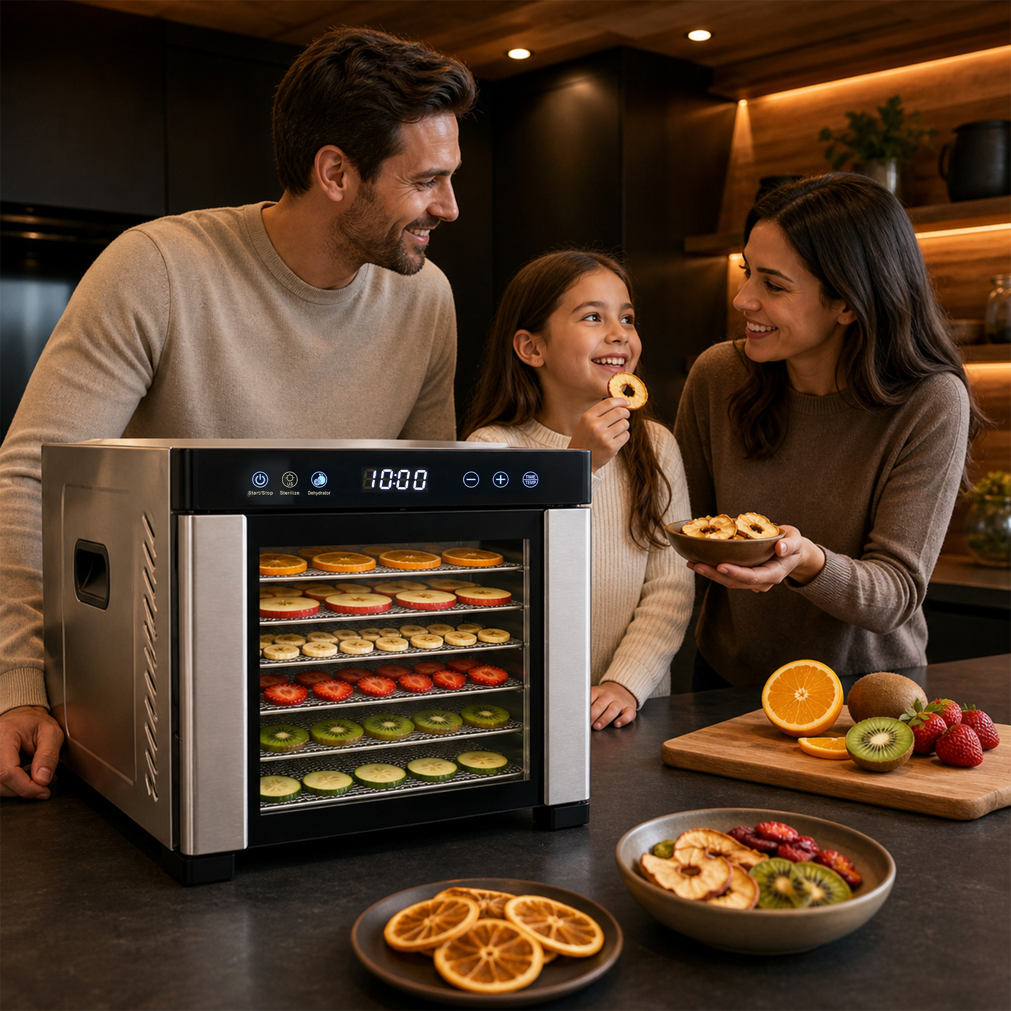 Famille dans une cuisine avec déshydrateur et fruits.