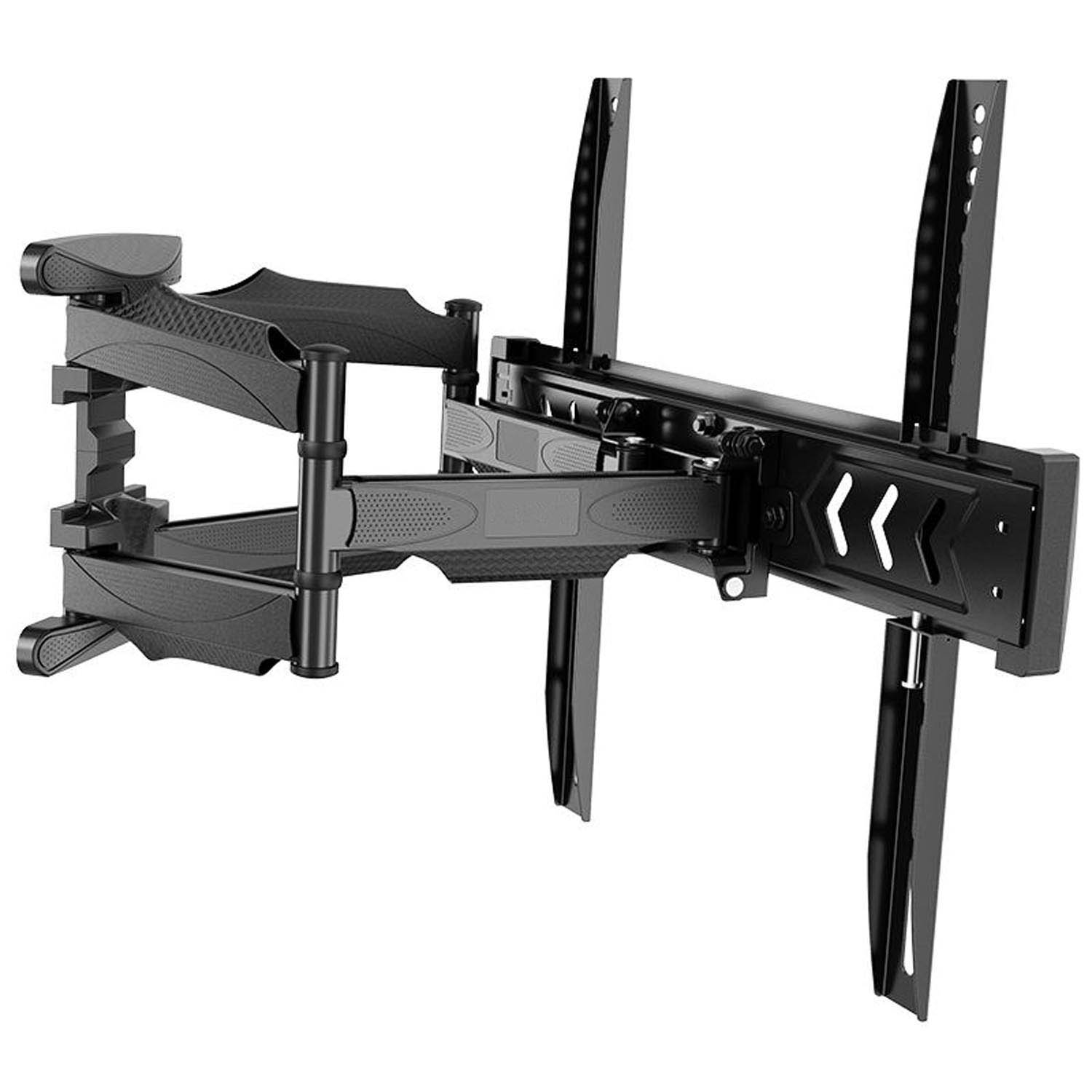 A black, adjustable TV wall mount with articulated arms and mounting brackets.